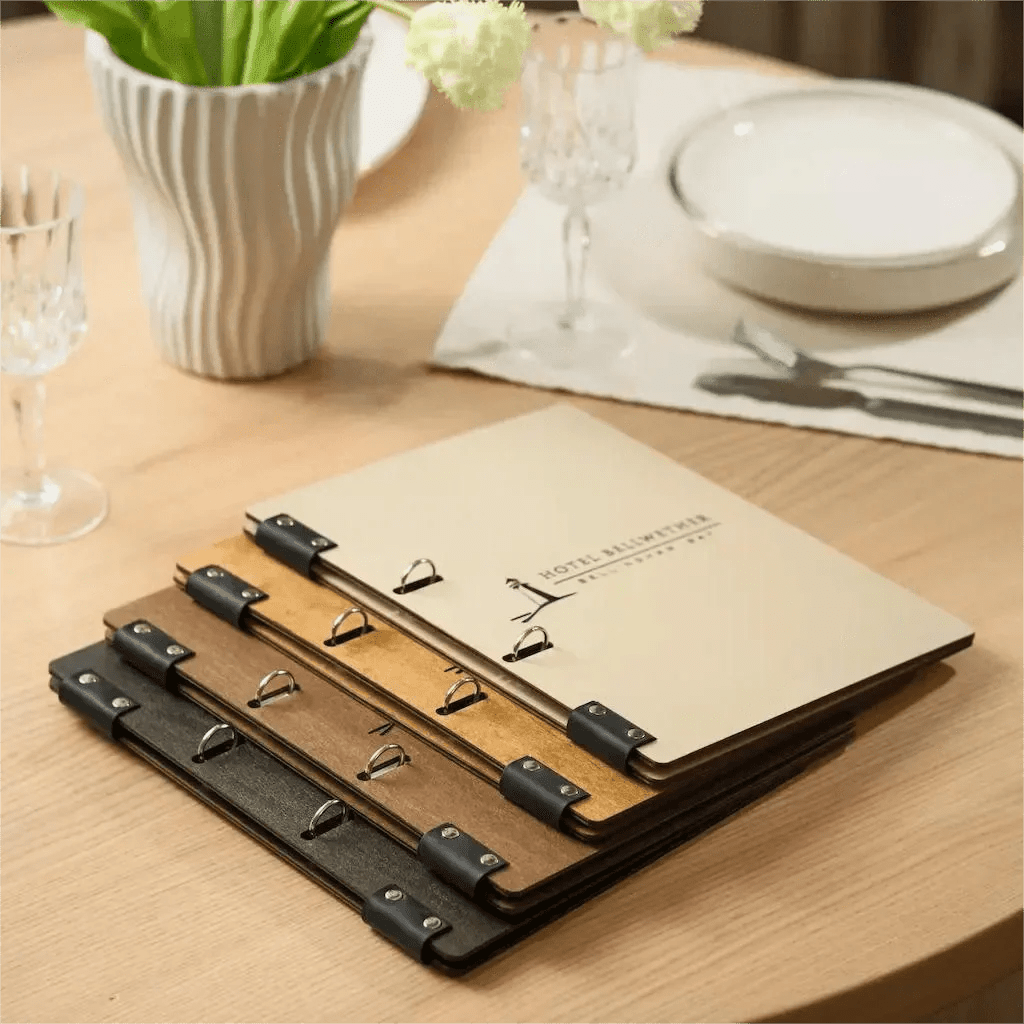 wooden menu cover made of plywood with logo engraving for restaurant