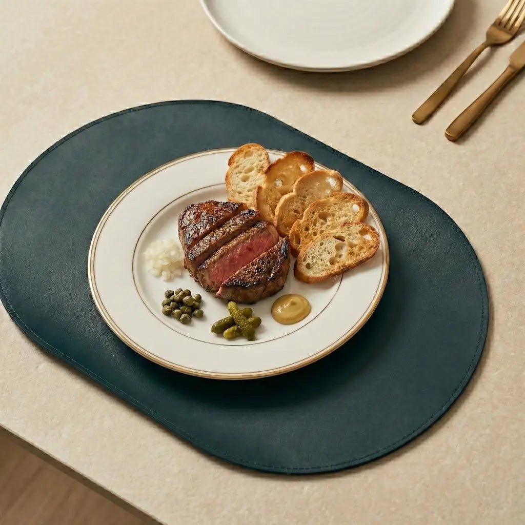 Plated dish of steak with bread and vegetables on a dark green placemat.