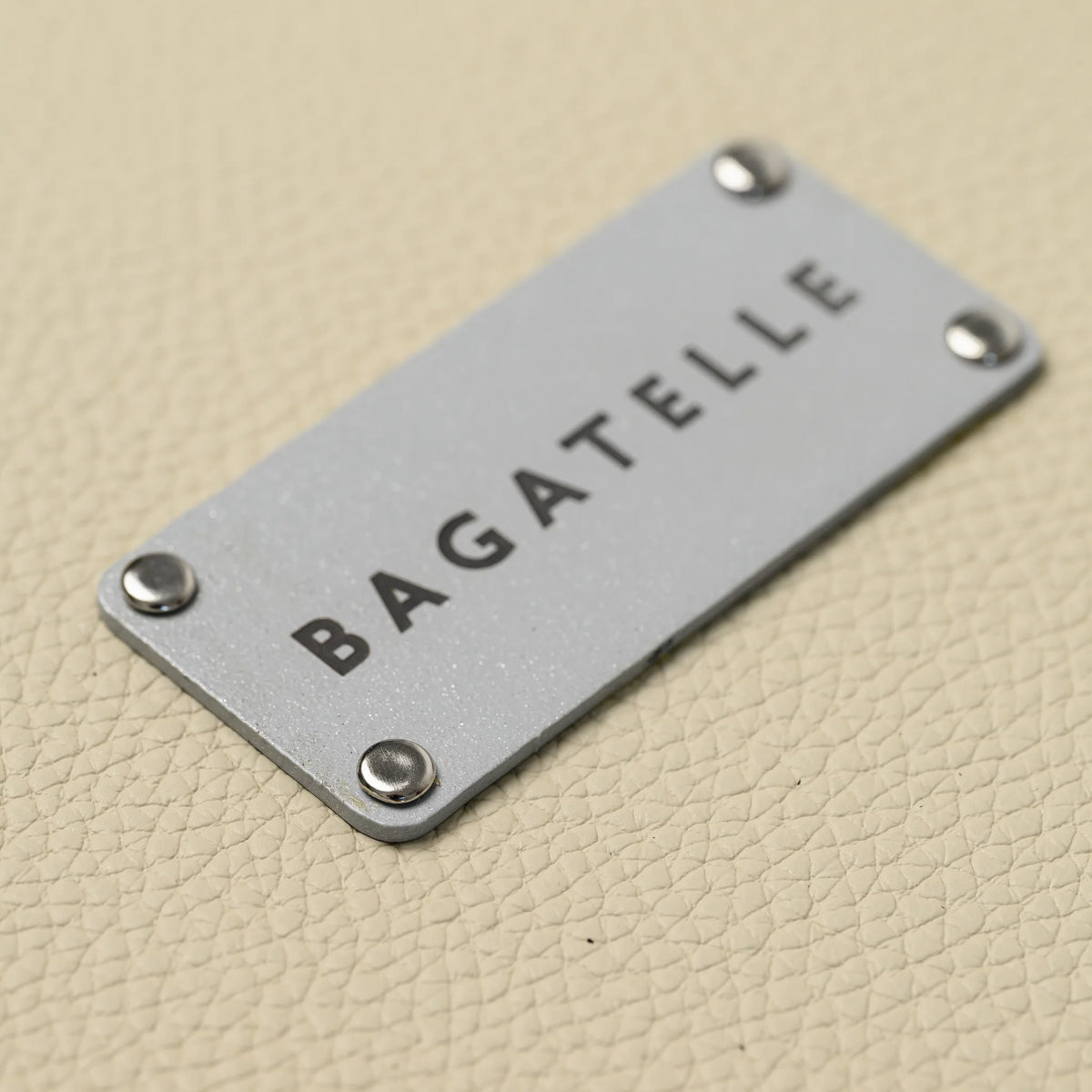 Macro of rectangular silver metal plate with engraved lettering fixed by four rivets on beige pebbled leather