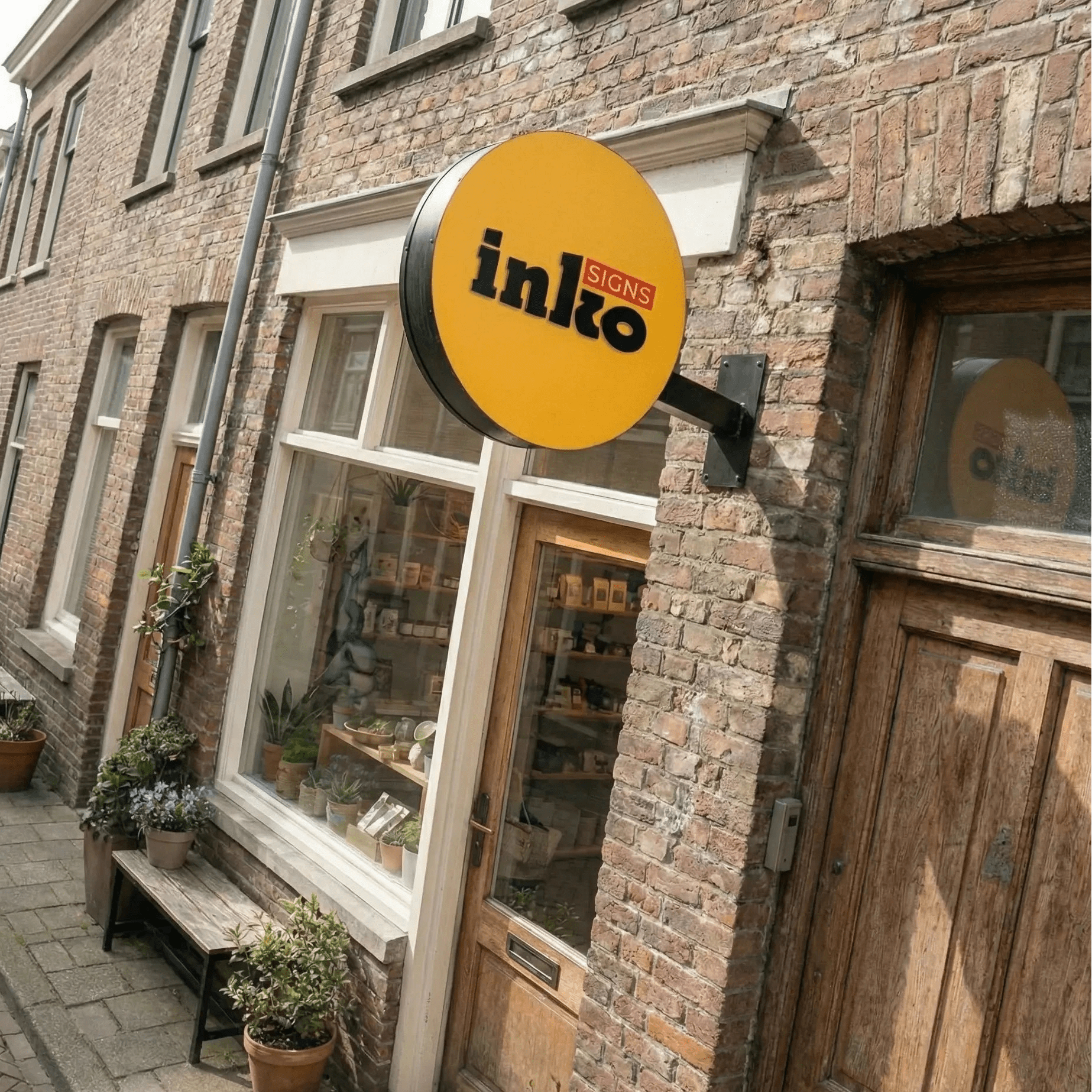 Brick building with a store front and 'inko' sign on a street.