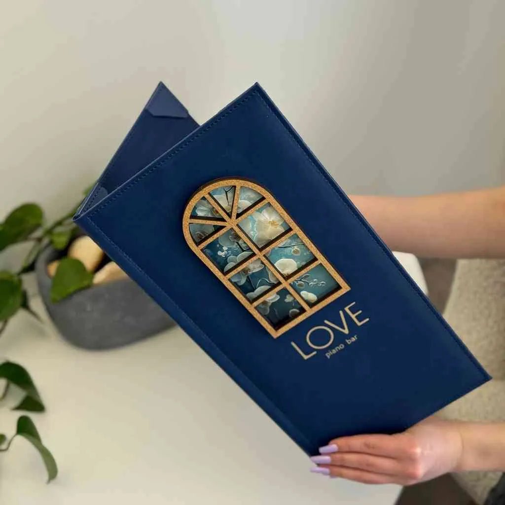 Custom Menu Cover with Debossing, UV-DTF print and plywood Window - inkohoreca - shop