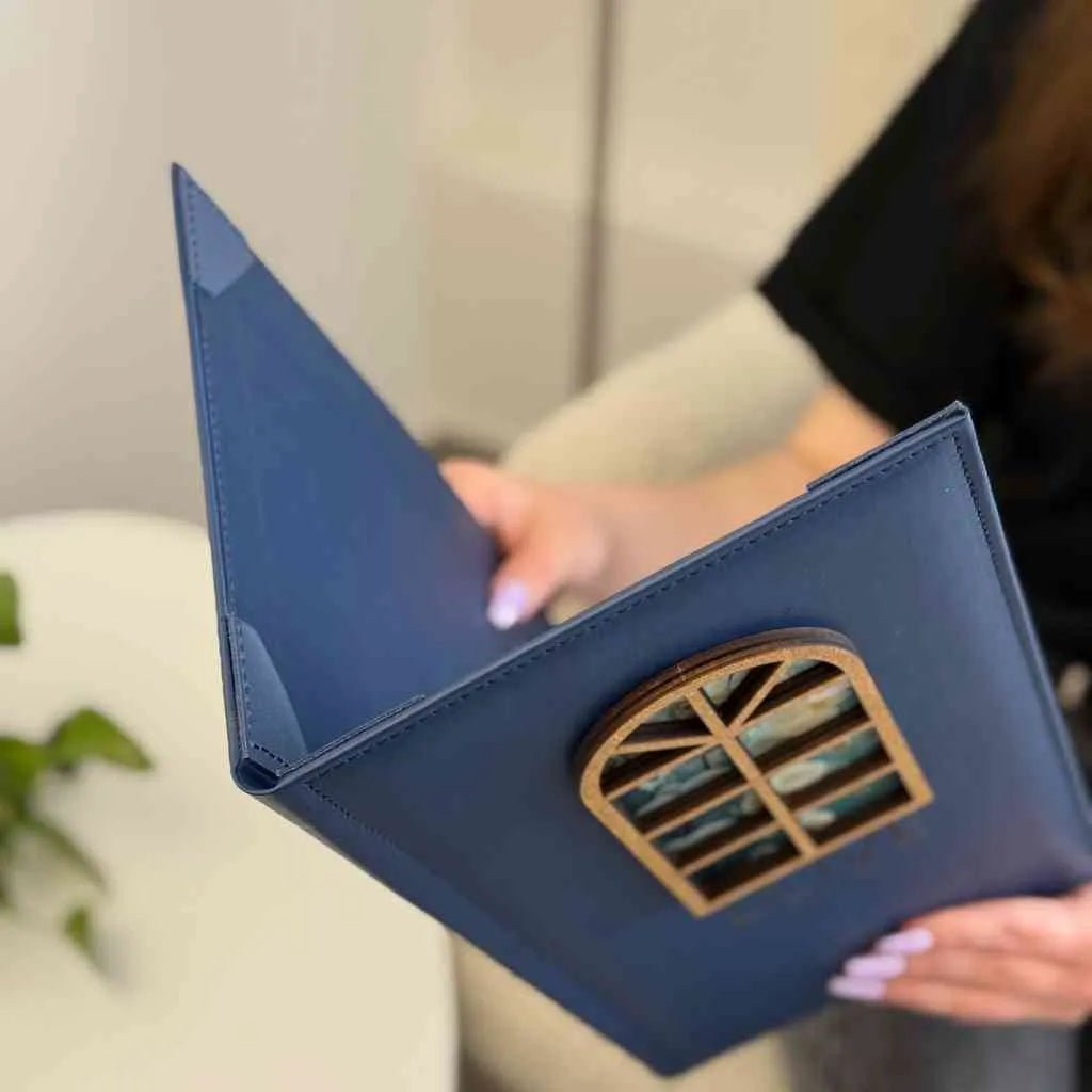 Custom Menu Cover with Debossing, UV-DTF print and plywood Window - inkohoreca - shop