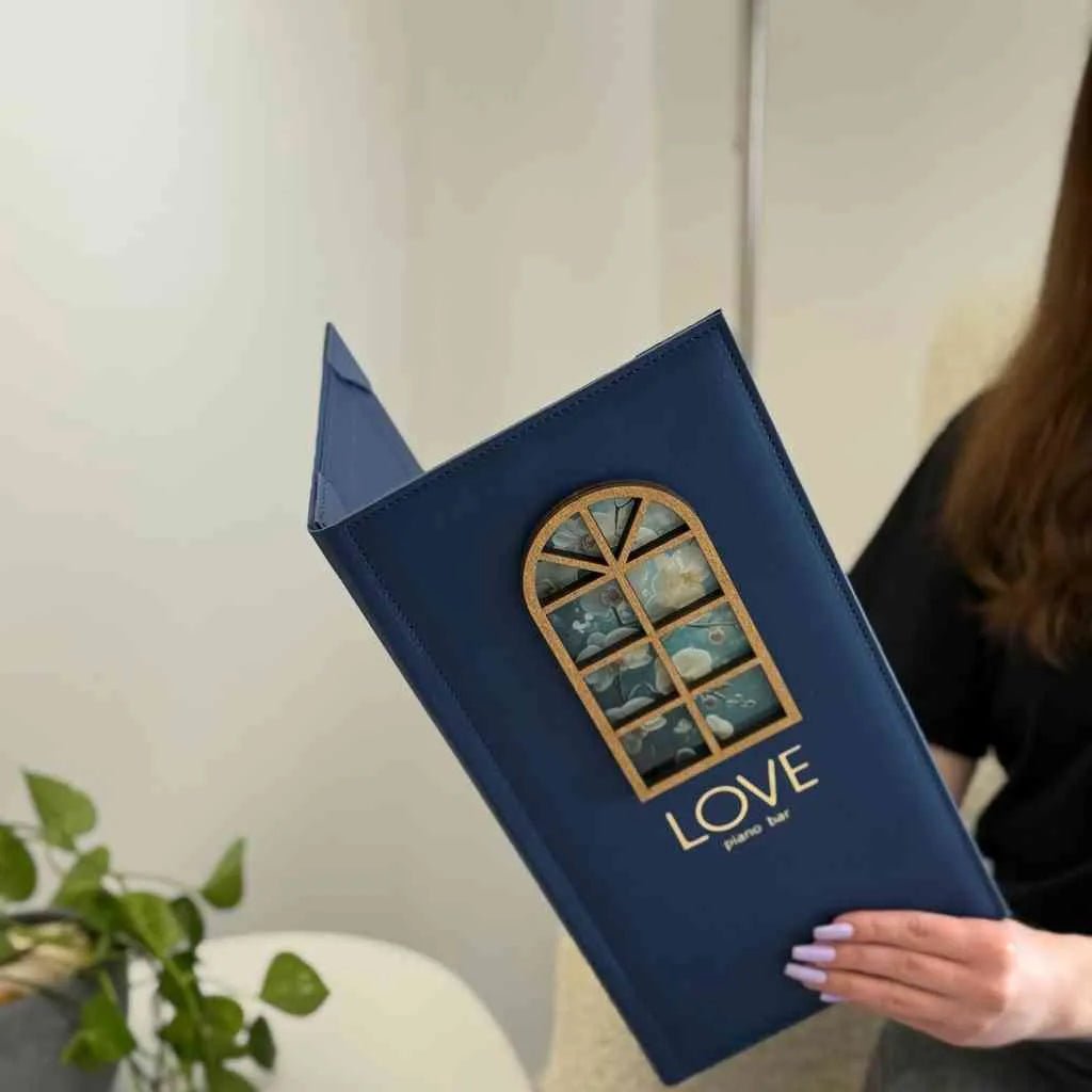 Custom Menu Cover with Debossing, UV-DTF print and plywood Window - inkohoreca - shop