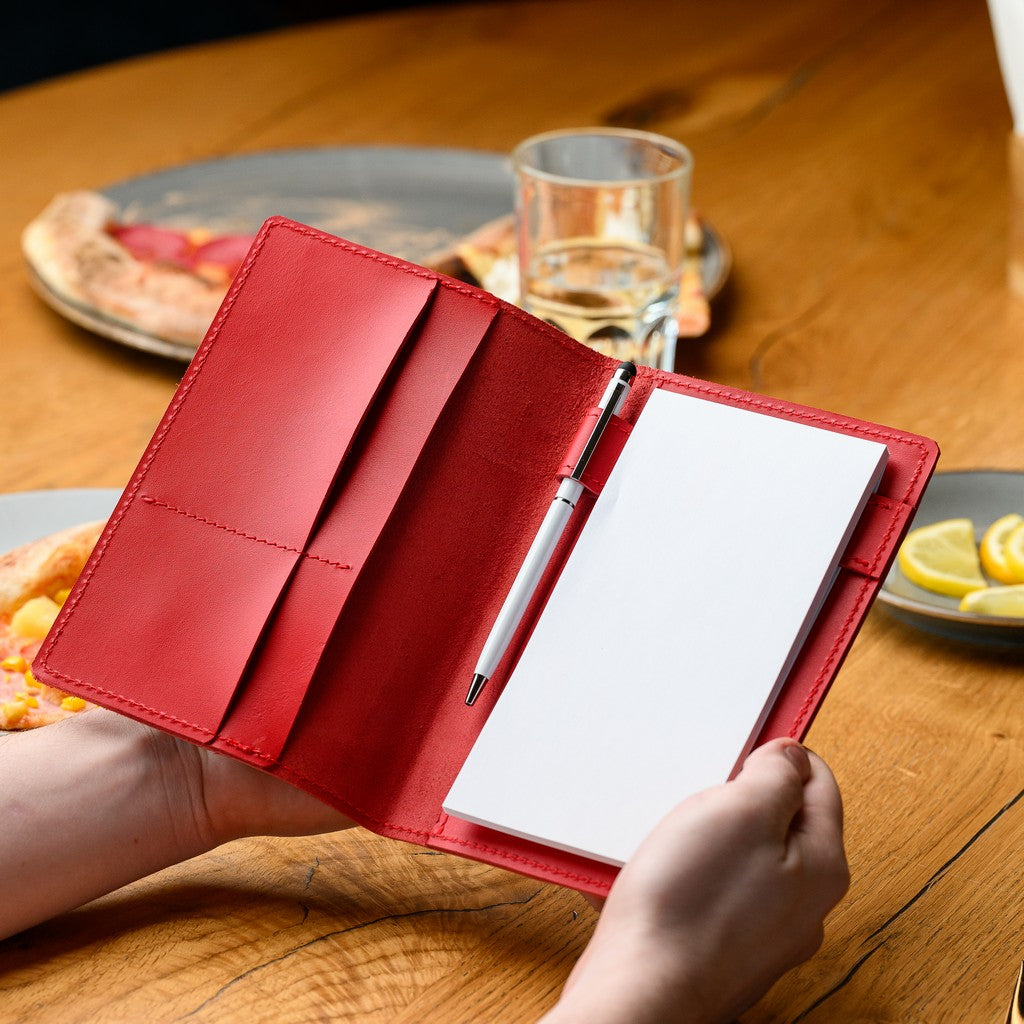 Handcrafted Capri leather notepad for waiters, offering a durable and stylish solution for managing orders efficiently.