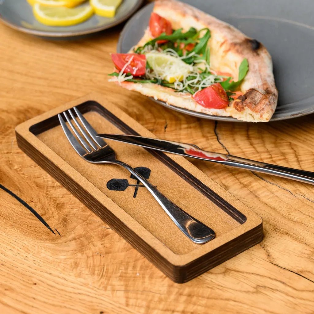 Elegant wooden cutlery holder with multiple compartments.