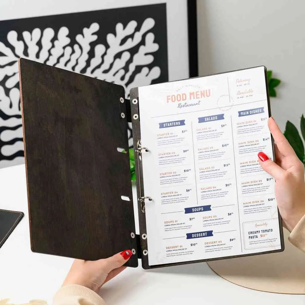 Wooden Menu Holder with Ring Binder Mechanism (M04A2) - inkohoreca - shop