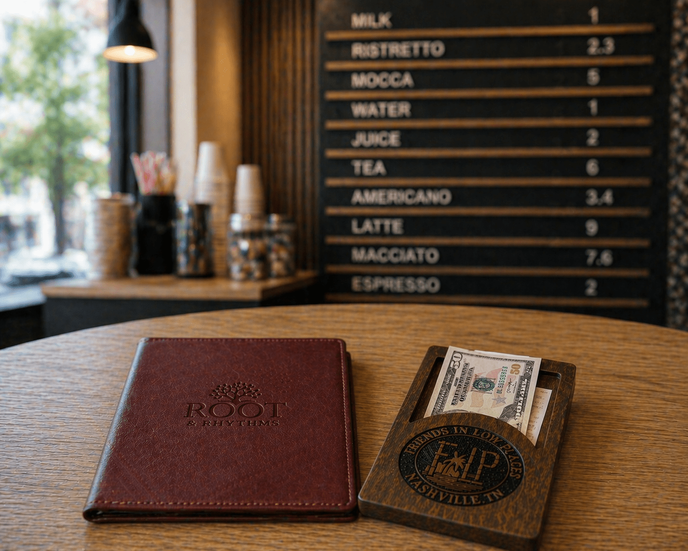 Budget pizzeria setup with oak wall menu board, leather menu covers, and wooden bill holder — real InkoHoreca client case