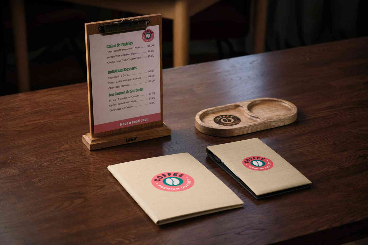 Coffee Shop Essentials Set: Cohesive Look for Modern Cafés (Menu Cover + Stand + Tray)