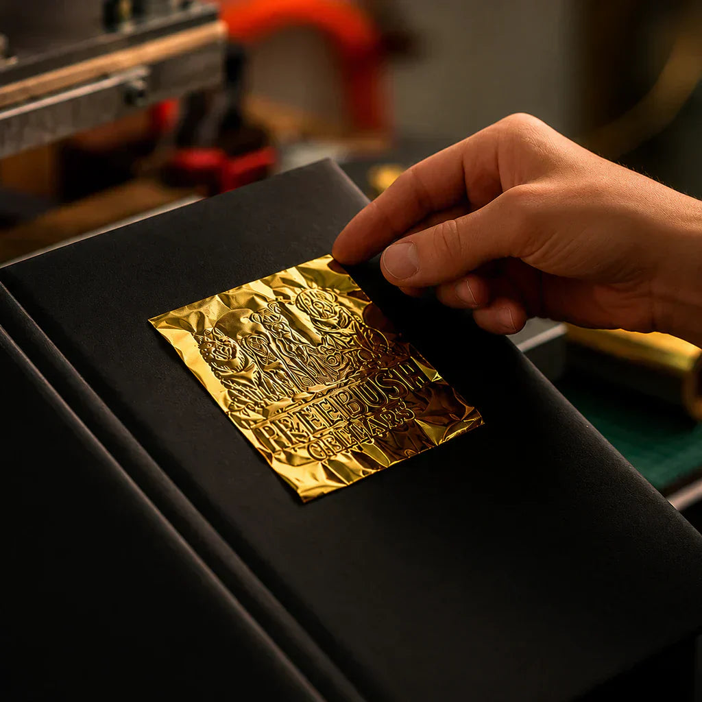 Hot foil stamping process on black leather menu cover — gold foil Freebush Cellars logo being applied with heat press