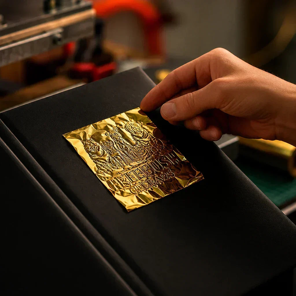 Hot foil stamping process on black leather menu cover — gold foil Freebush Cellars logo being applied with heat press