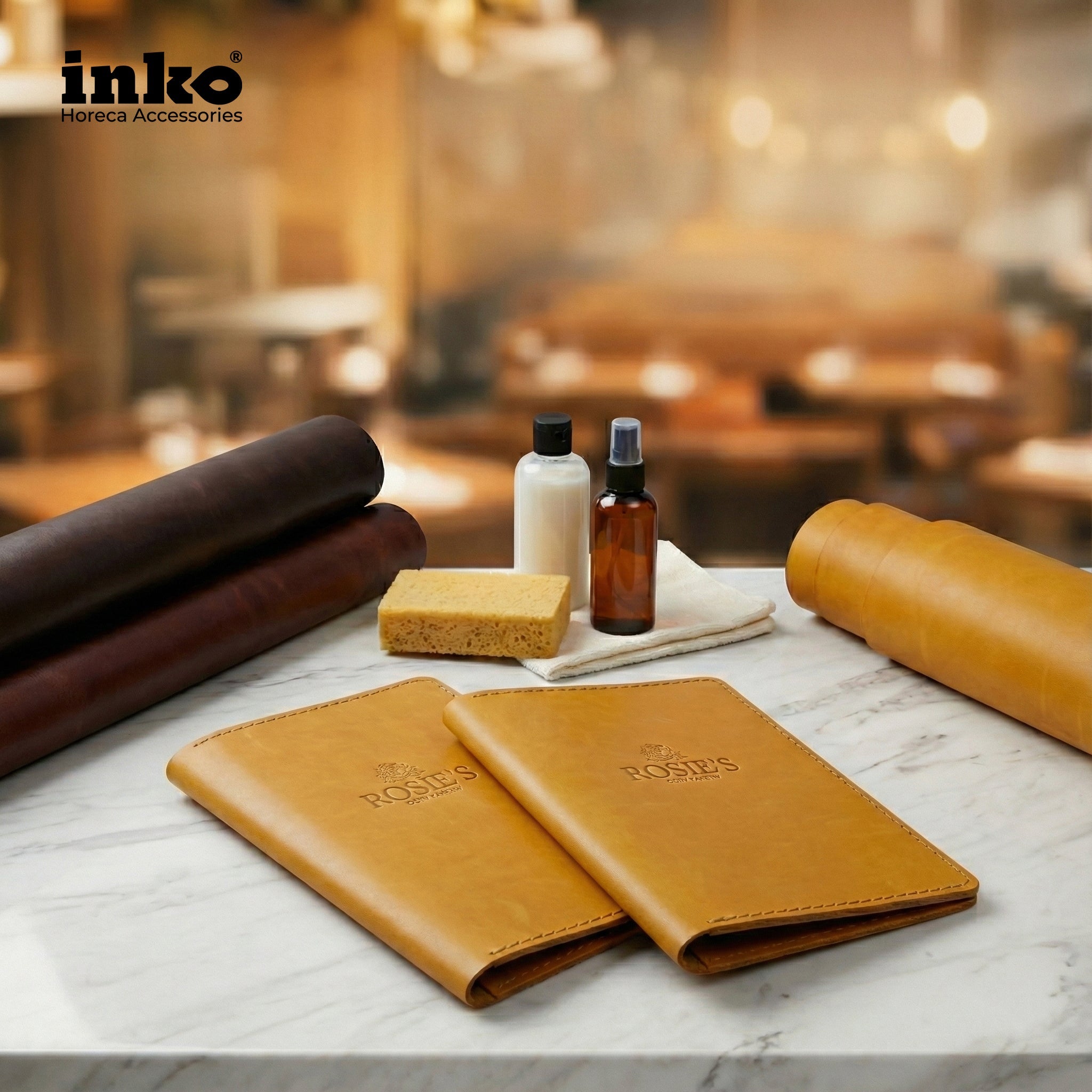 Two handcrafted mustard yellow leather menu covers with custom "Rosie's" debossed branding. Features premium Crazy Horse leather rolls, cleaning supplies, and a professional Horeca setting on a marble table