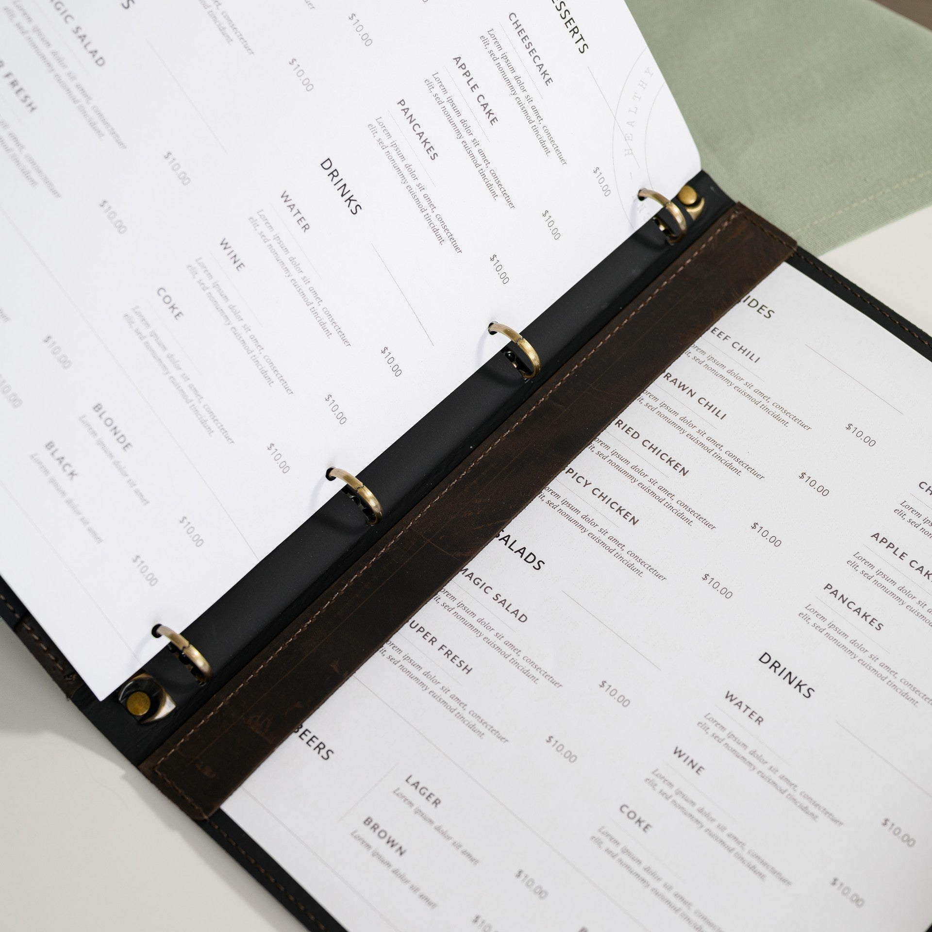 Leather Menu Covers with sheets attached by Metal Binder