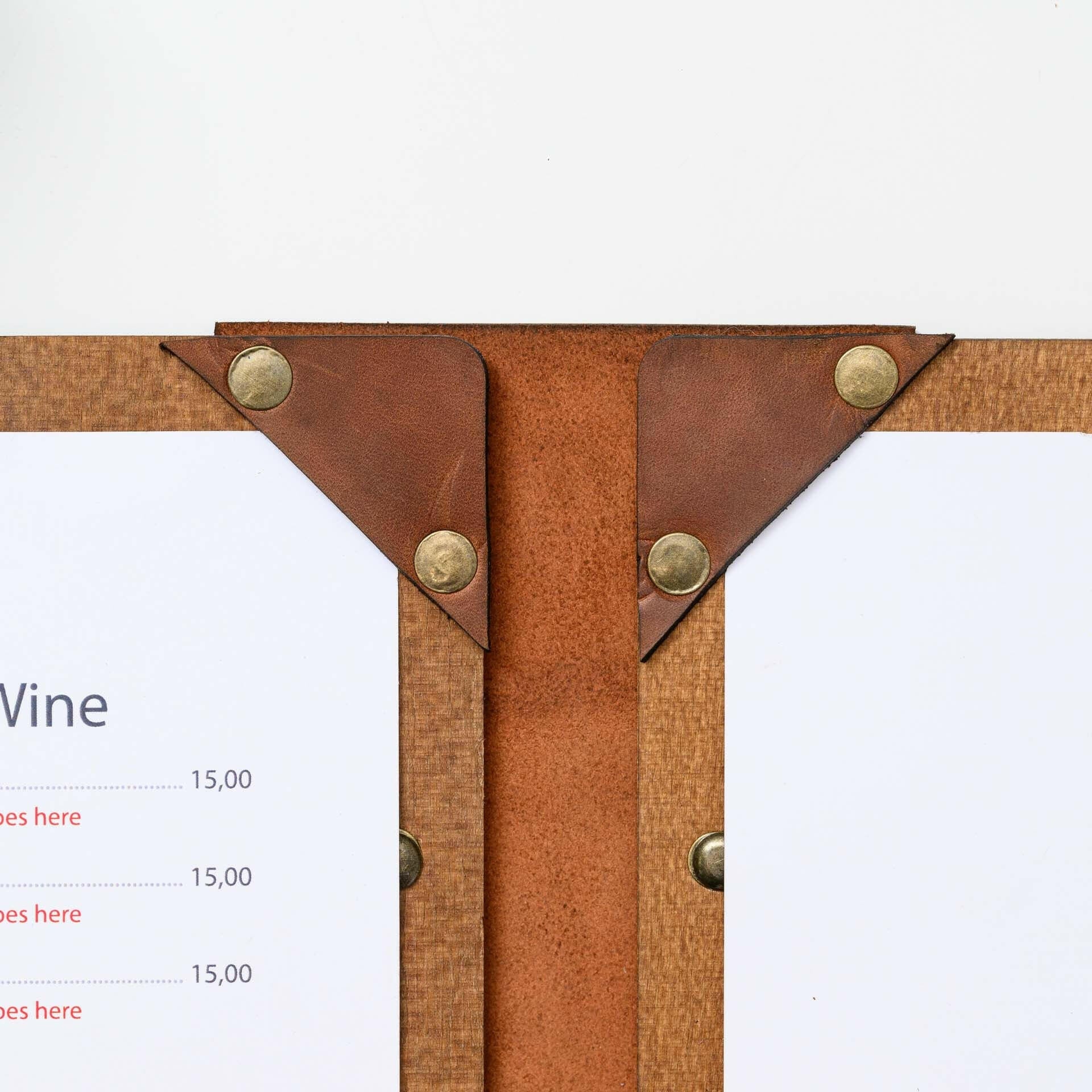 Wooden Menu Covers with sheets attached by Corner Mountings