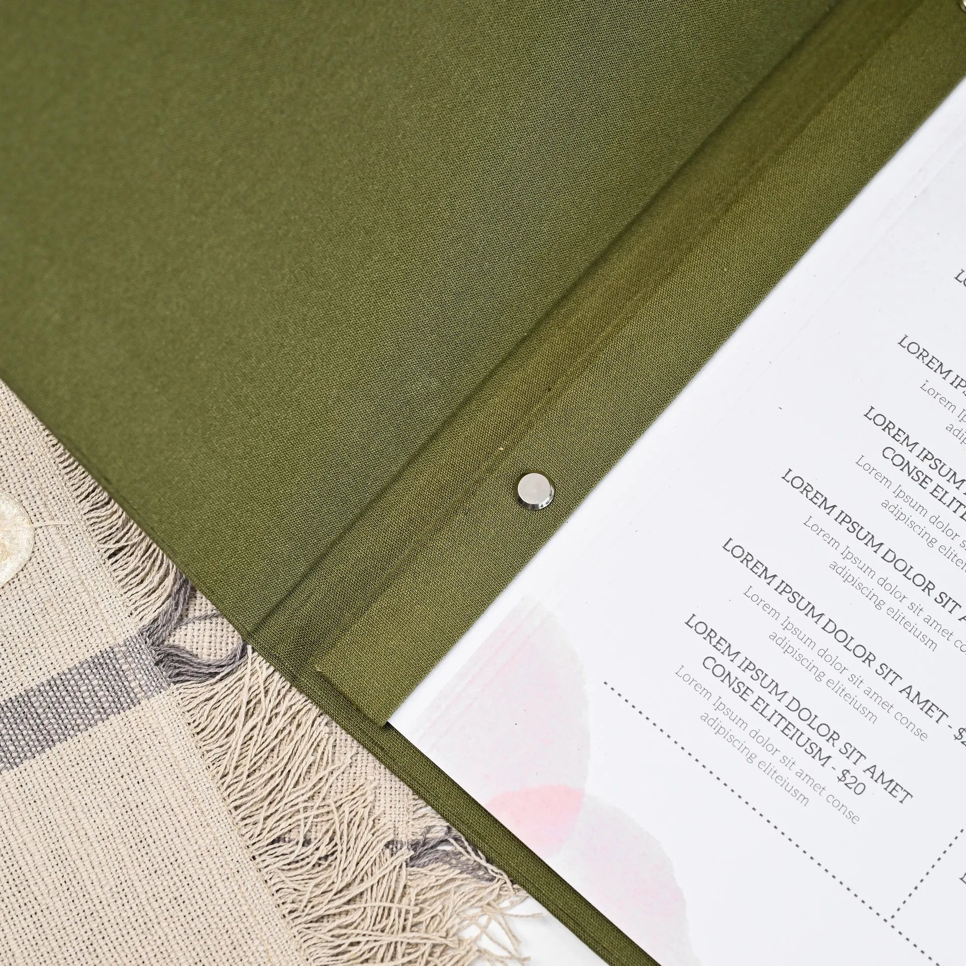 Fabric Menu Cover with sheets attached by Screws and a Plank