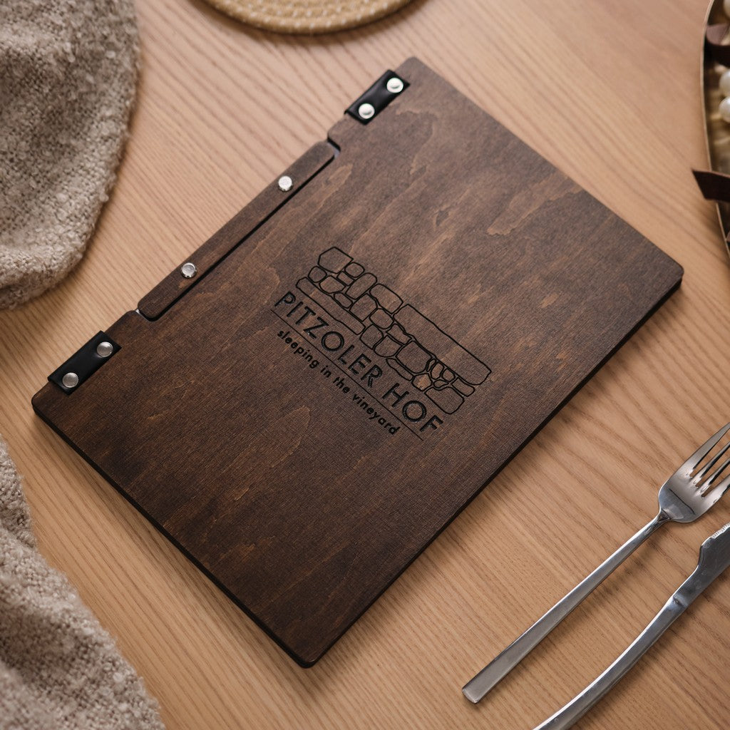Wooden Menu Holder with sheets attached by Screws and a Plank - inkohoreca-shop