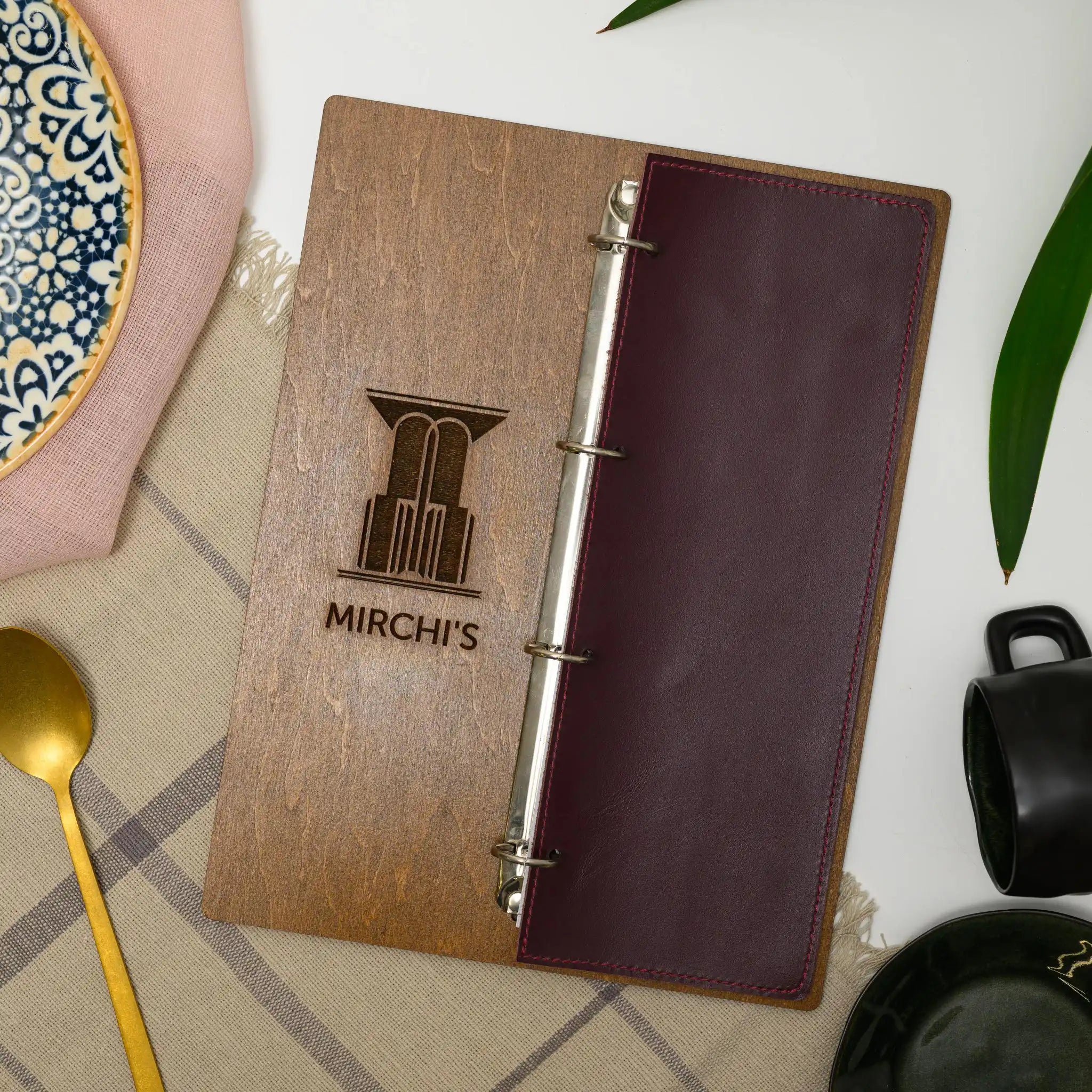 Wooden Menu Board with Ring Binder and Leather Cover