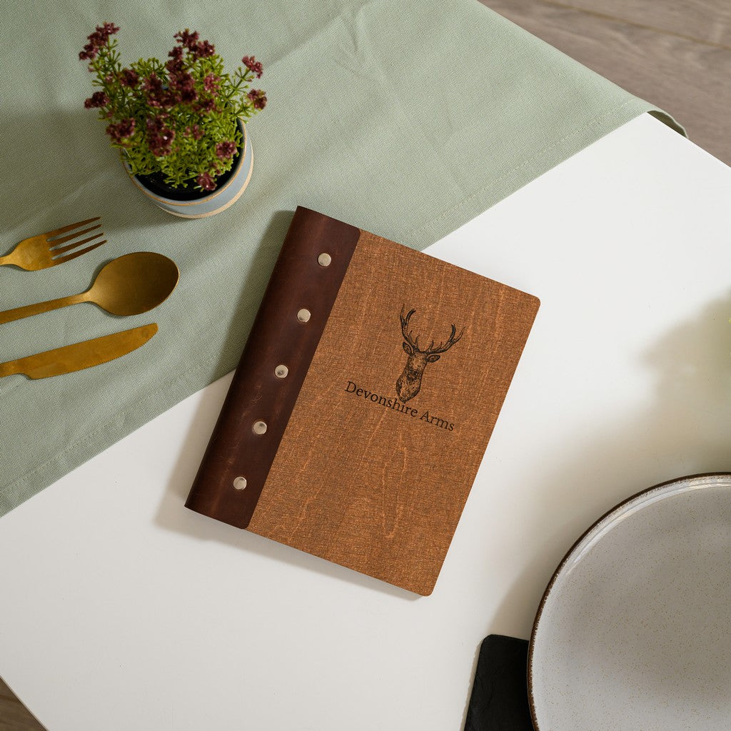 Wooden Menu Folder with Leather Fixture: Offers a blend of rustic and refined aesthetics.