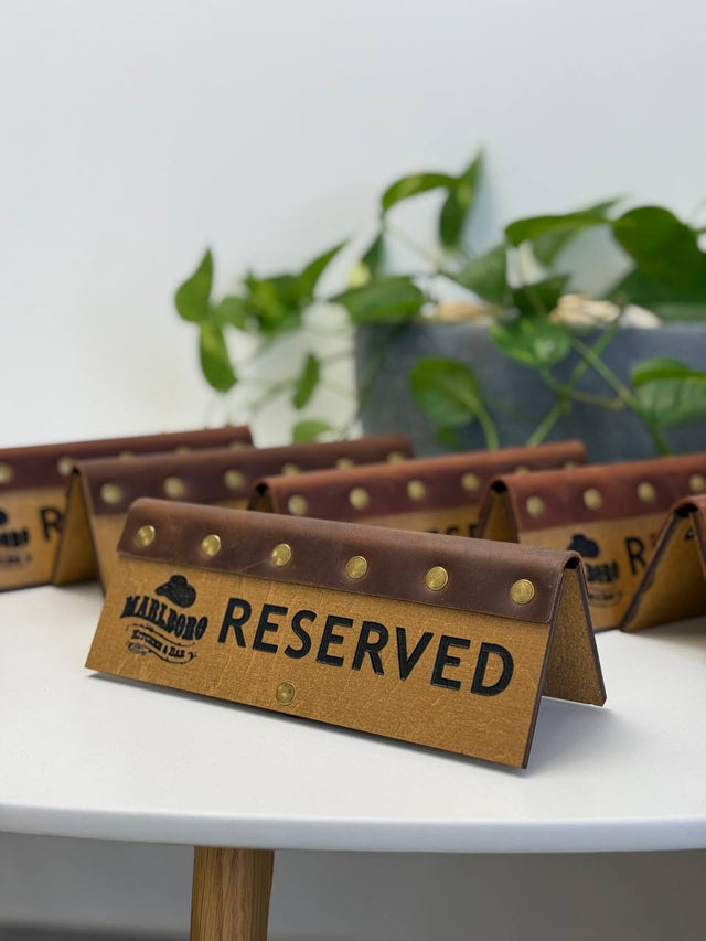 Tent-style engraved reserved signs for Marlboro Kitchen & Bar
