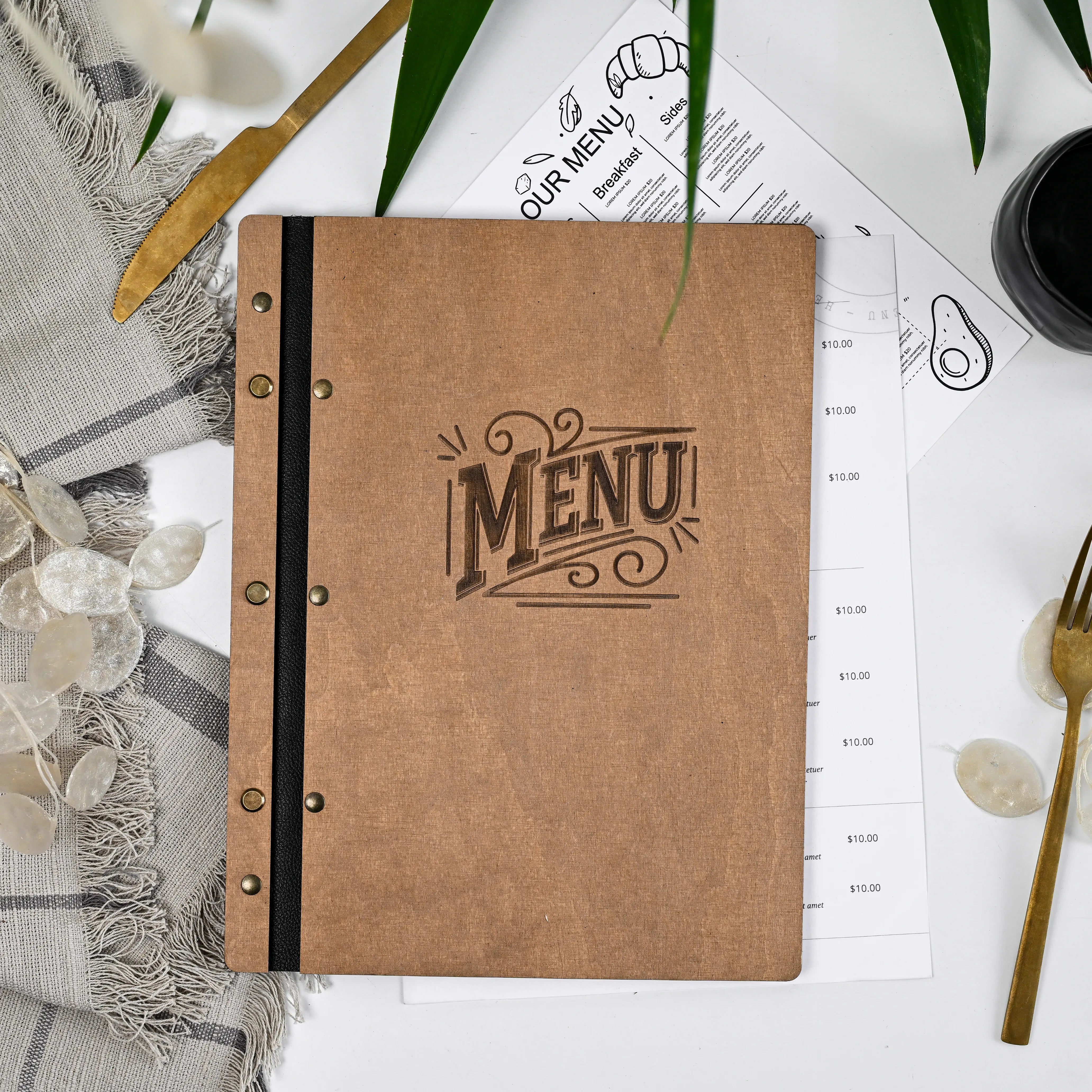 Wooden Menu Holder fastened on Leather Strap in Oak color (M01A2_2)