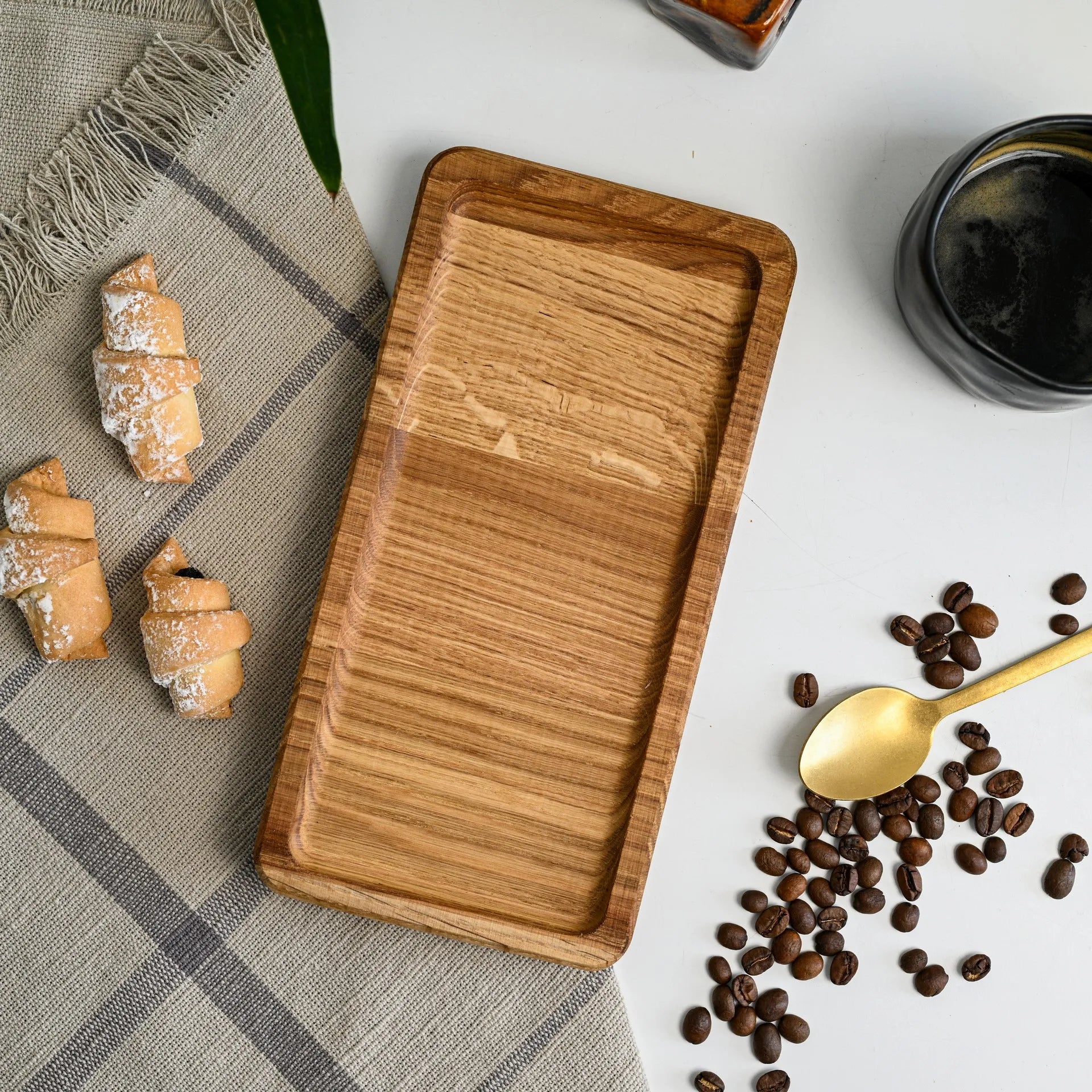Elevate your cafe's coffee service with our wooden serving tray, designed for both aesthetic and practical use.