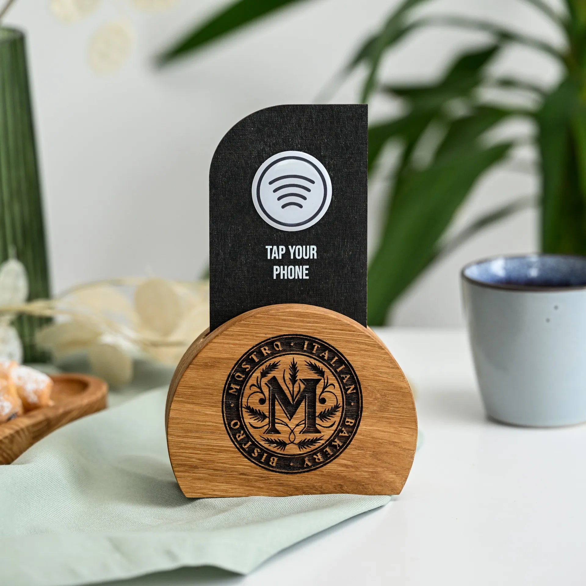 Elevate your dining experience with our NFC tag and QR code sign on a stylish wooden stand, offering seamless interaction and information access.