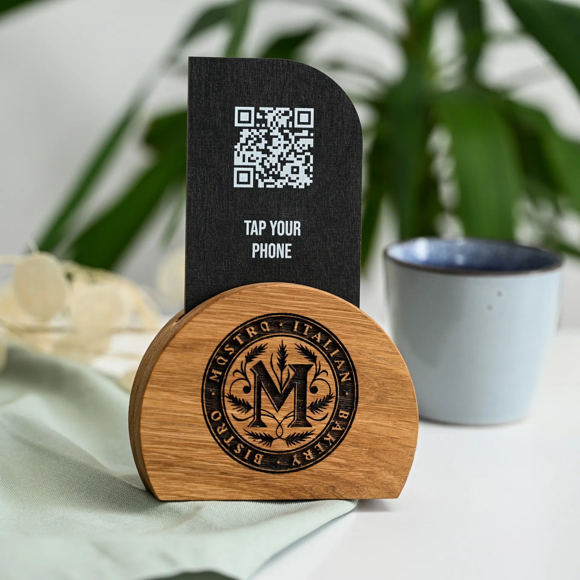 Revolutionize your dining experience with our versatile NFC tag and QR code sign, seamlessly integrated into a sleek wooden stand for easy access.