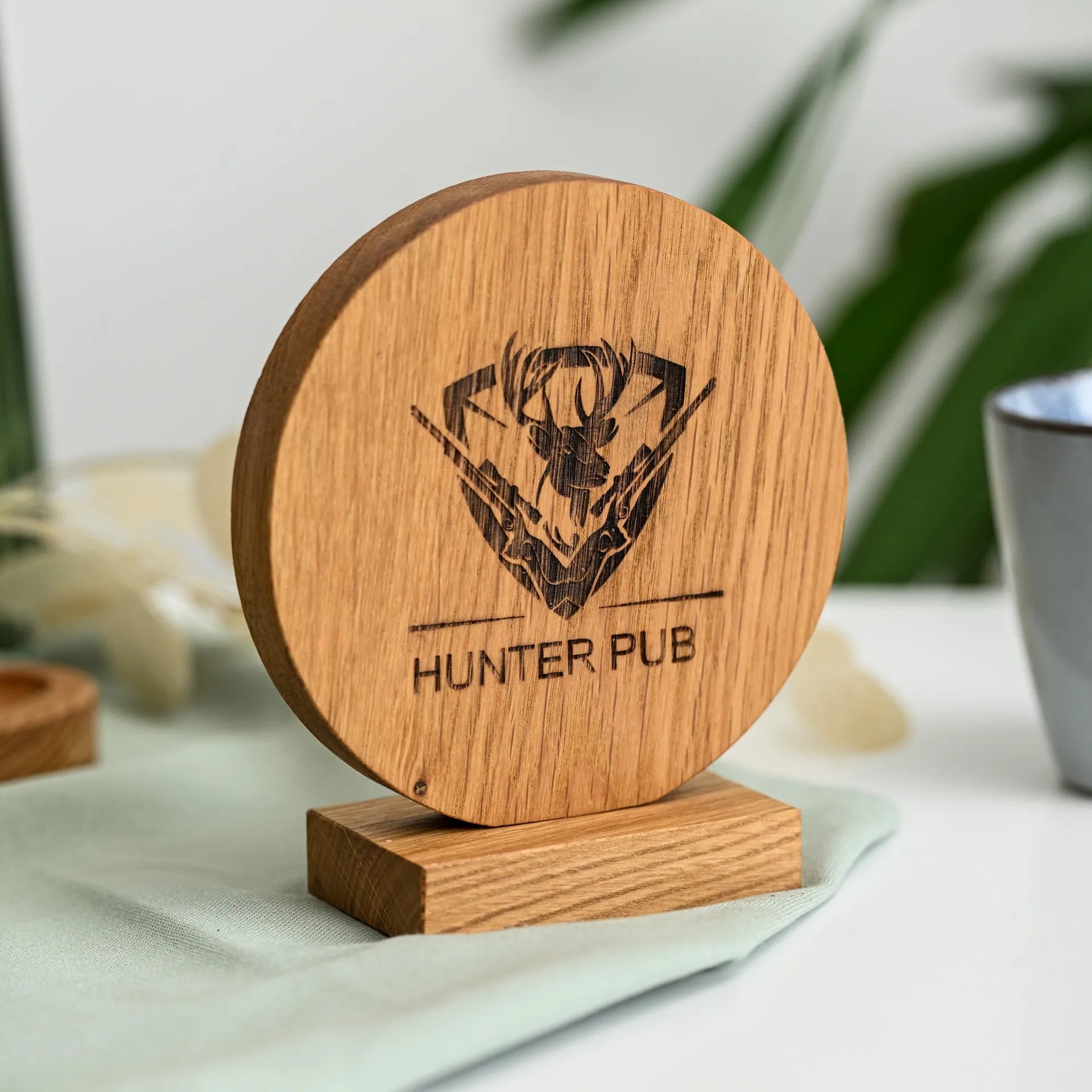 Transform your customer experience with our customized NFC tag sign displayed on an elegant oaken stand, offering seamless connectivity and interaction.