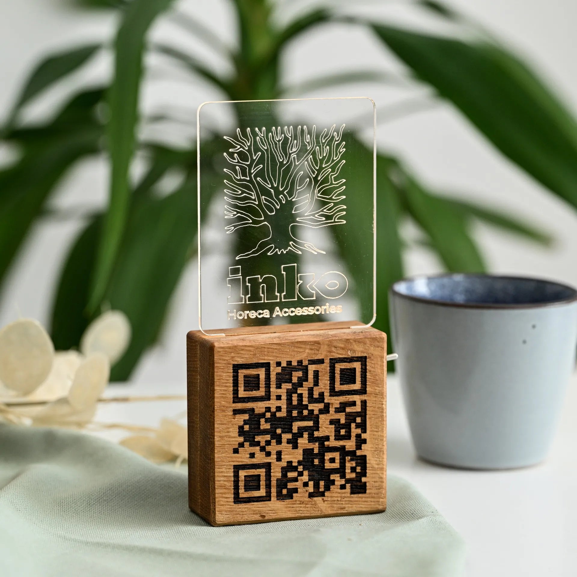 Add a personalized touch with logo engraving on QR code stands.