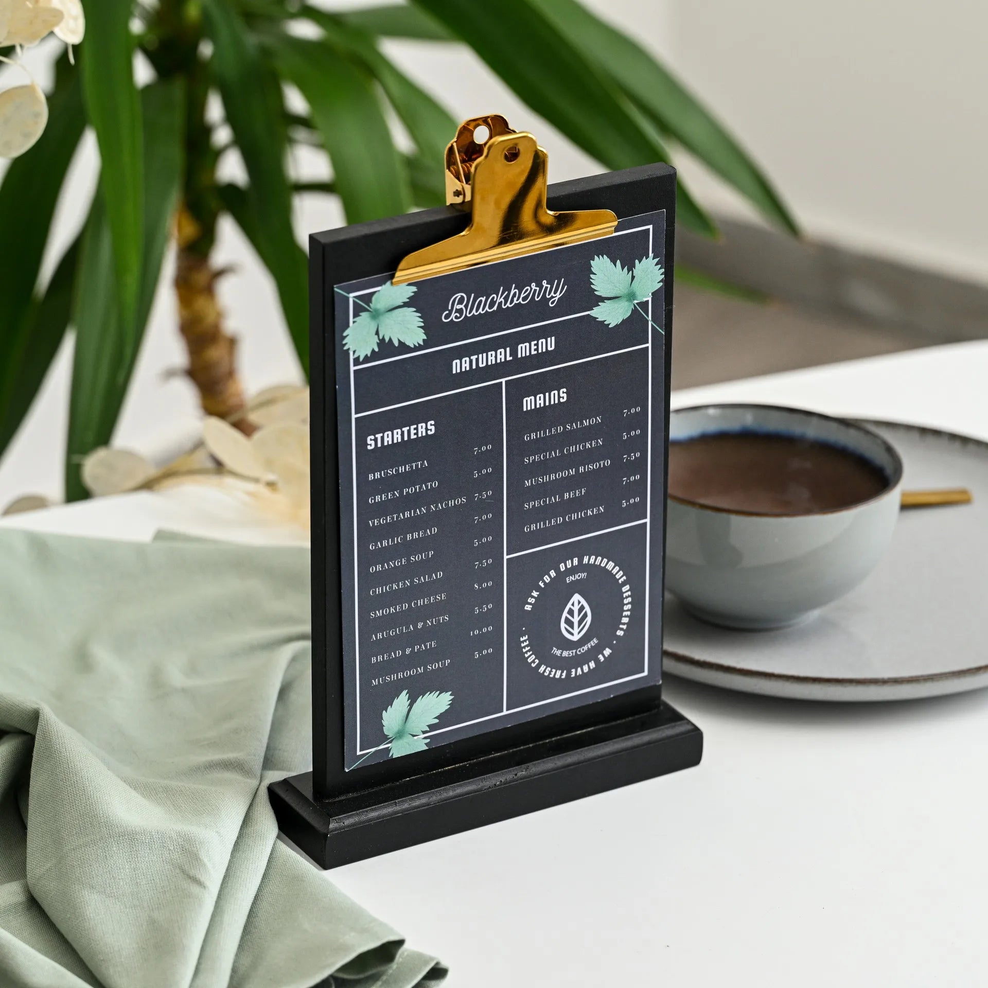 Porte-menu de table noir avec clip de couleur dorée