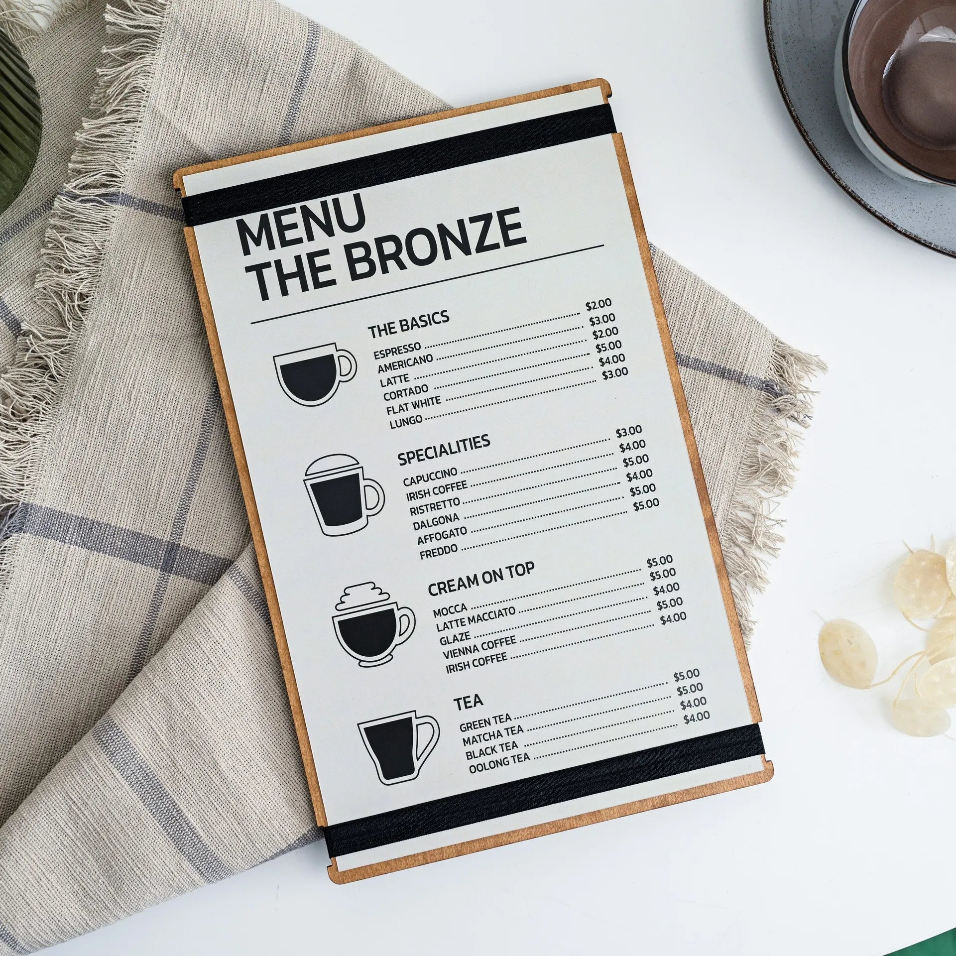 Wooden Menu Board with Elastic Band Fixing: Secure and stylish presentation for your menus.