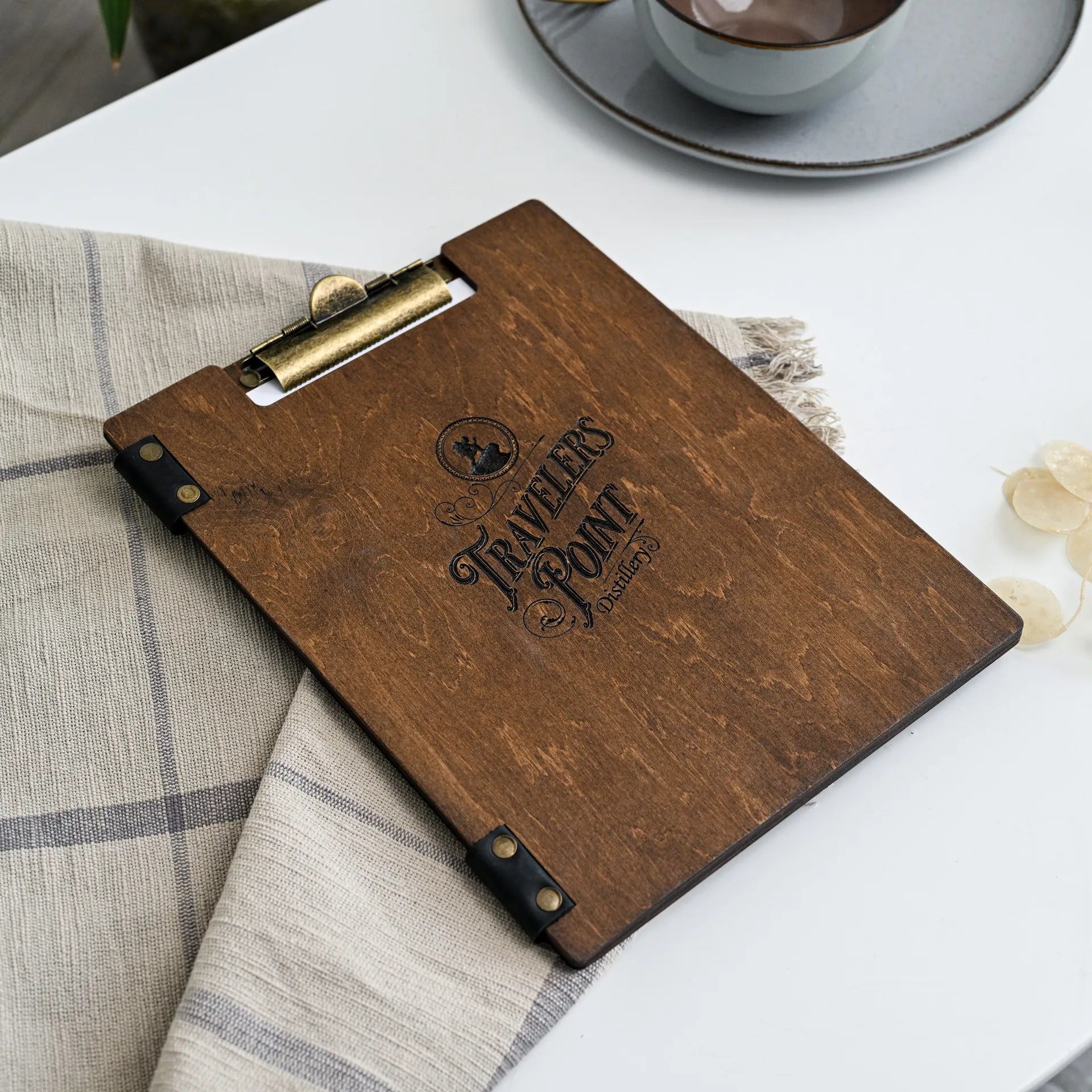 Impress diners with our engraved wooden menu holder, evoking a sense of rustic sophistication in your establishment.