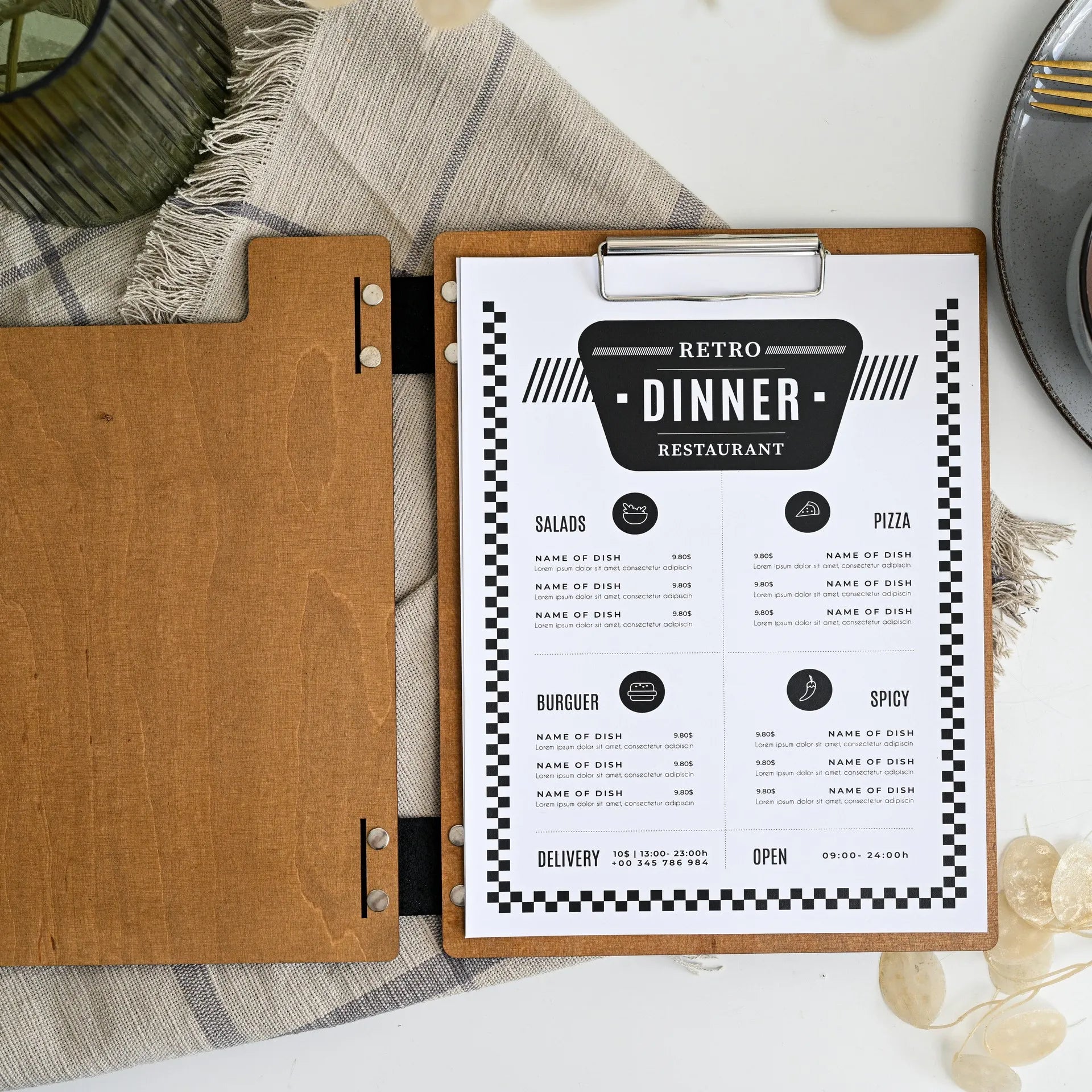 Customized Clipboard with Binder: Tailored to match your restaurant's theme and branding seamlessly.