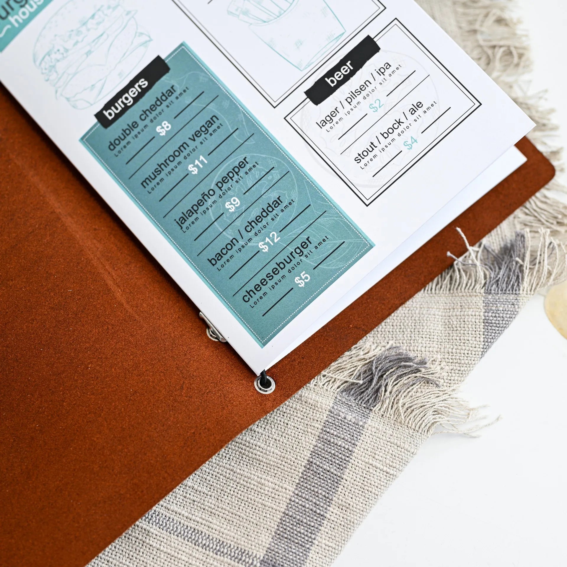 Showcase your brand with our personalized menu cover, designed to add a touch of sophistication to your menu presentation.