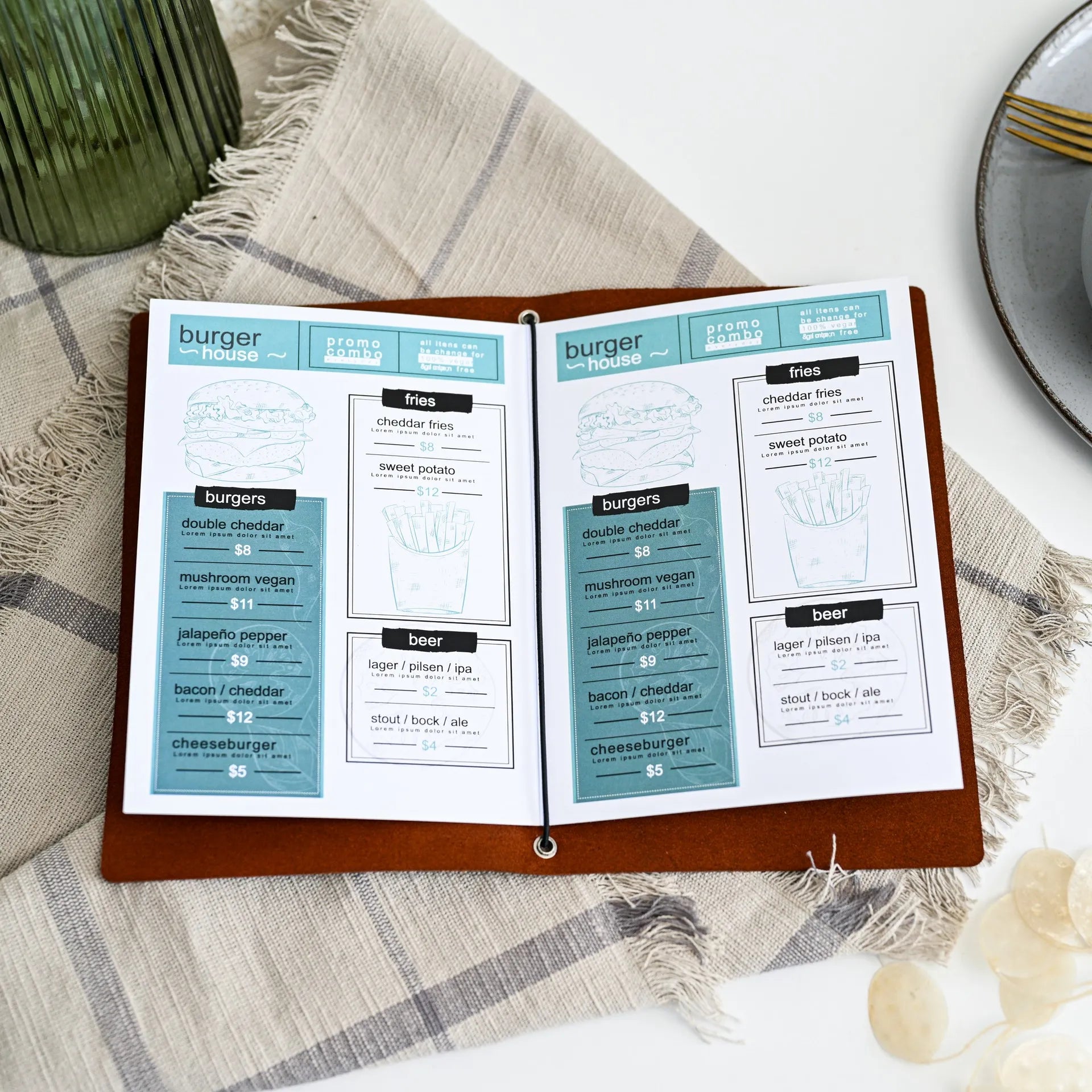 Elevate your menu display with our elegant cover, perfect for showcasing your offerings with flair.