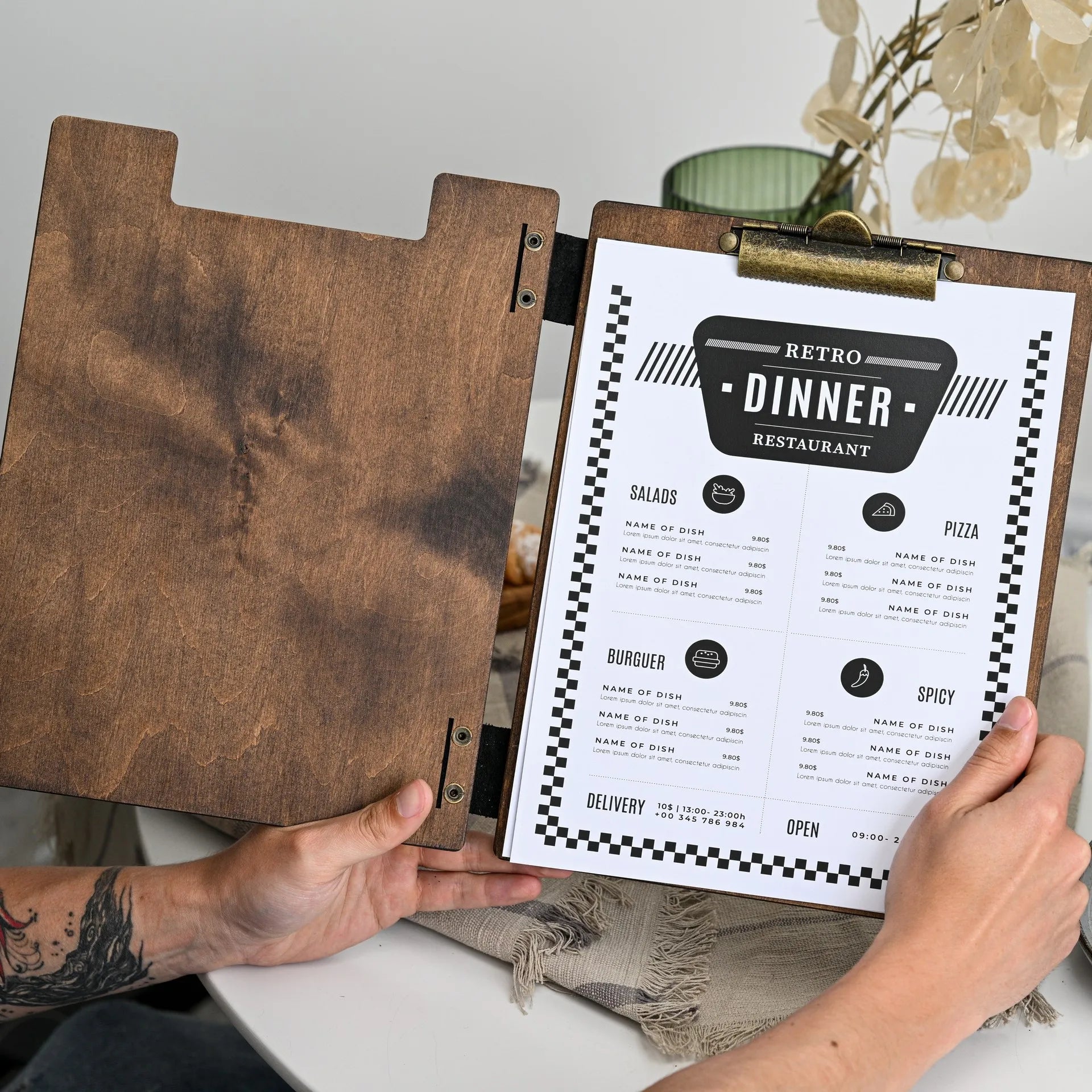 Showcase your menu with distinction using our engraved wooden menu holder, handcrafted for a unique touch.