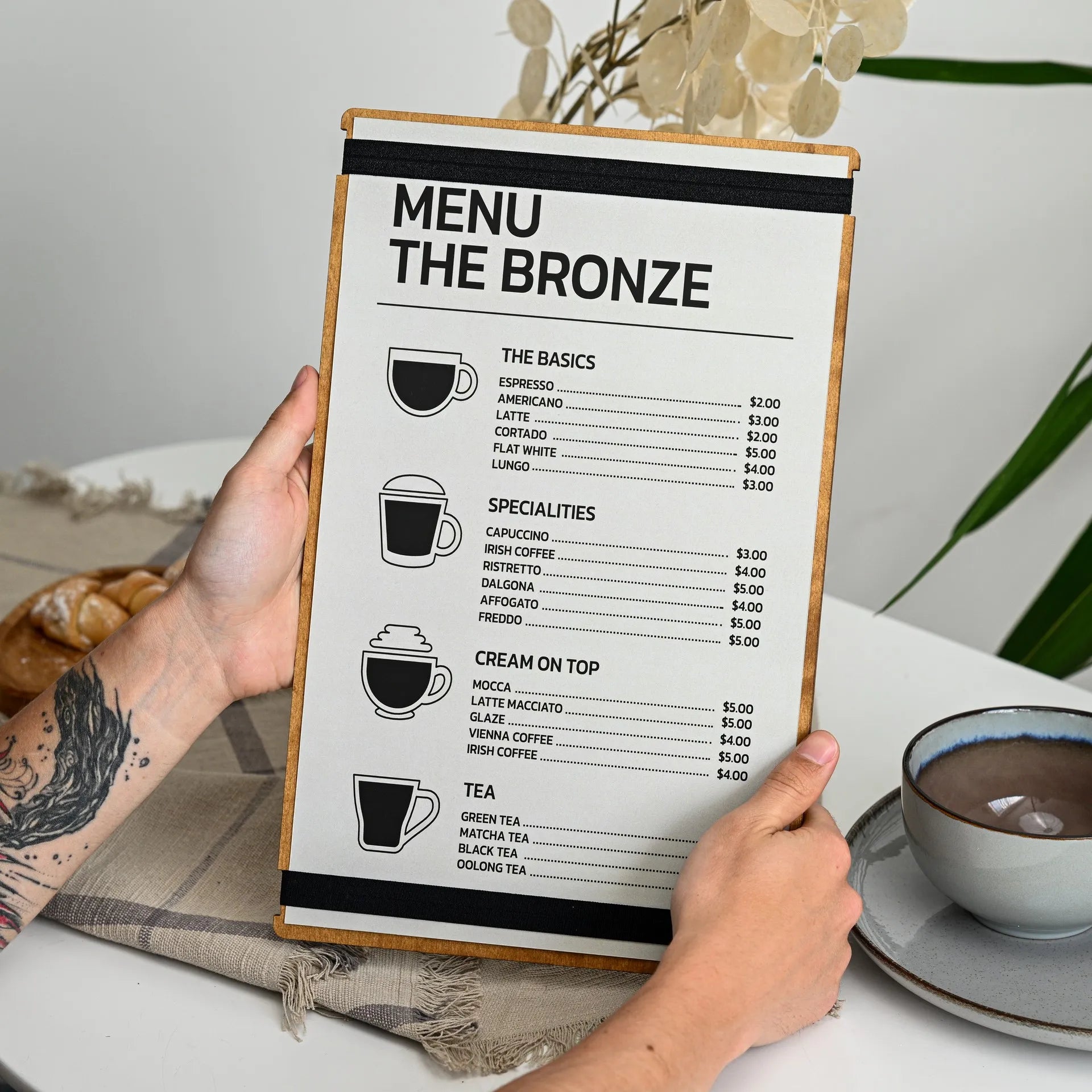 Engraved Menu Holder: Adds a personalized touch to your menu display.
