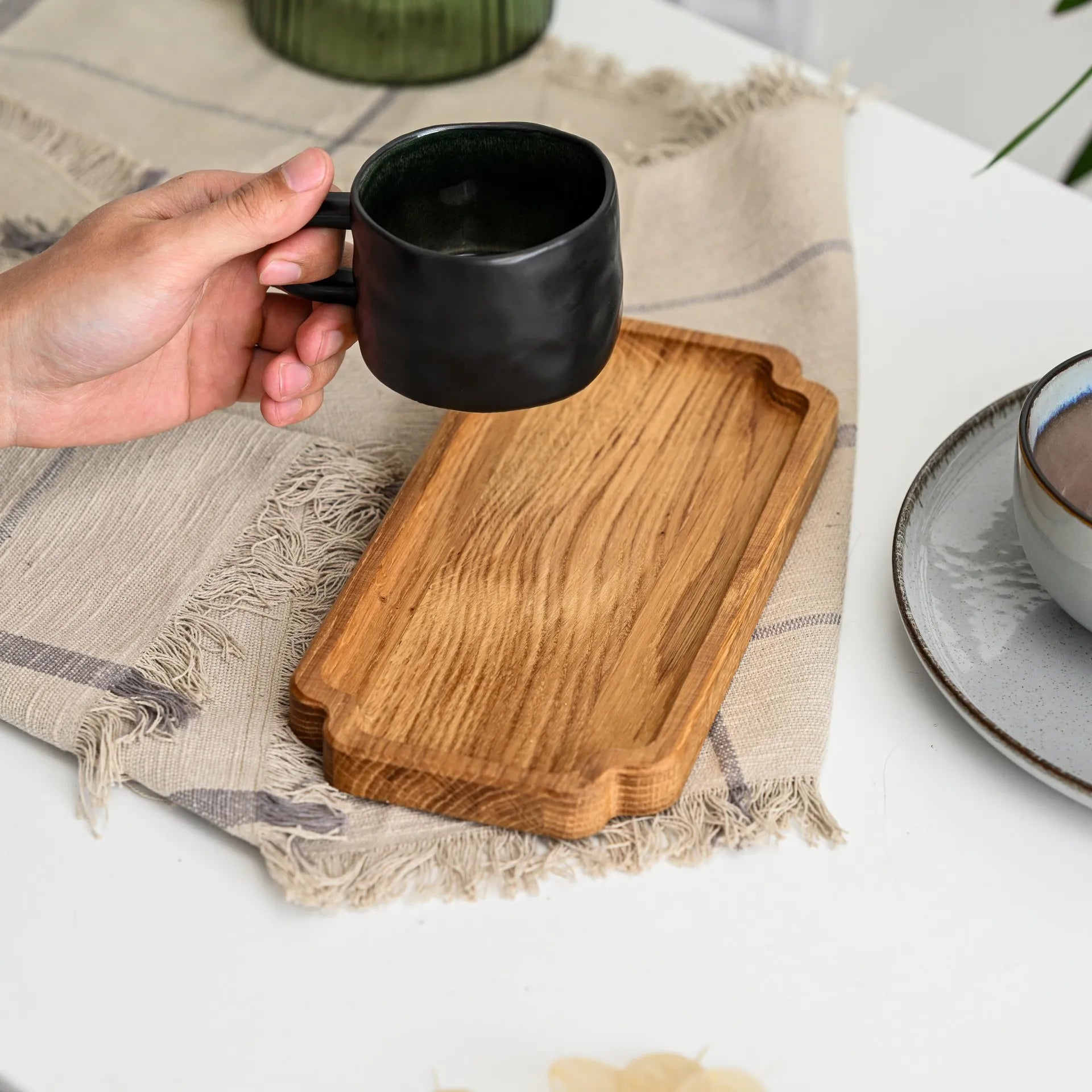 Rustic wood coffee table tray, personalized for hotels, perfect for serving morning coffee or evening snacks.