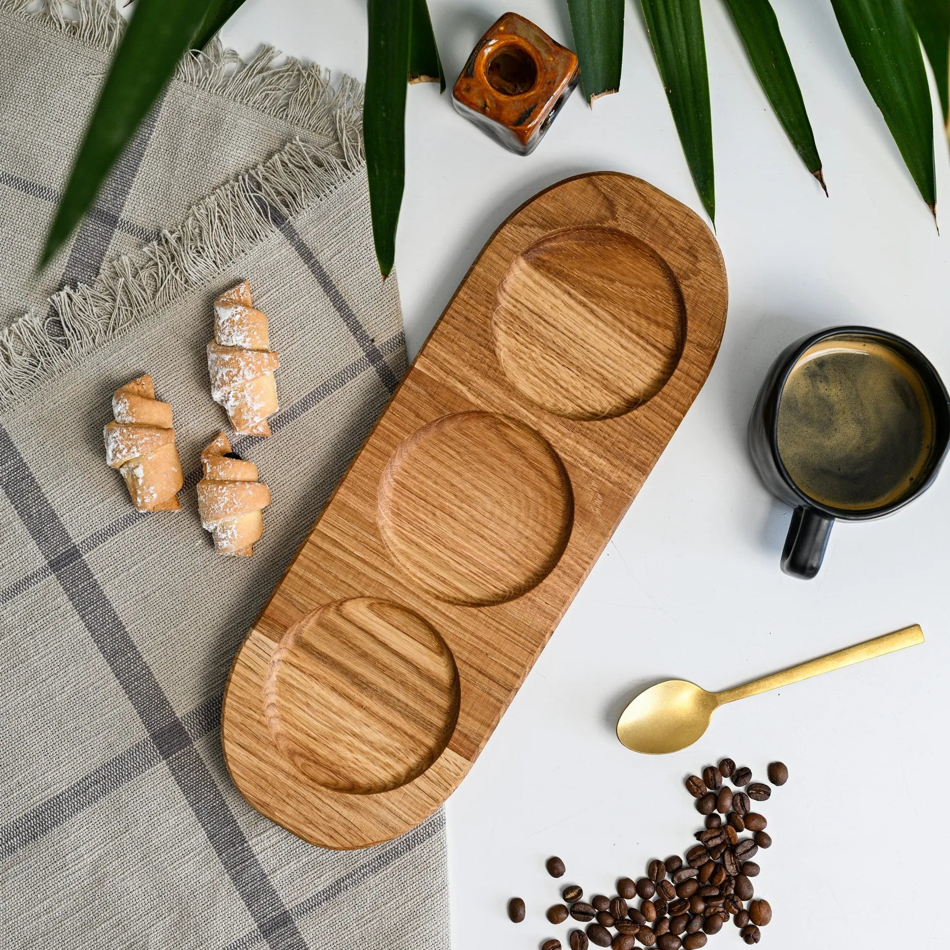 Rustic wooden tray, personalized for hotel use, ideal for presenting breakfast or snacks in guest rooms.