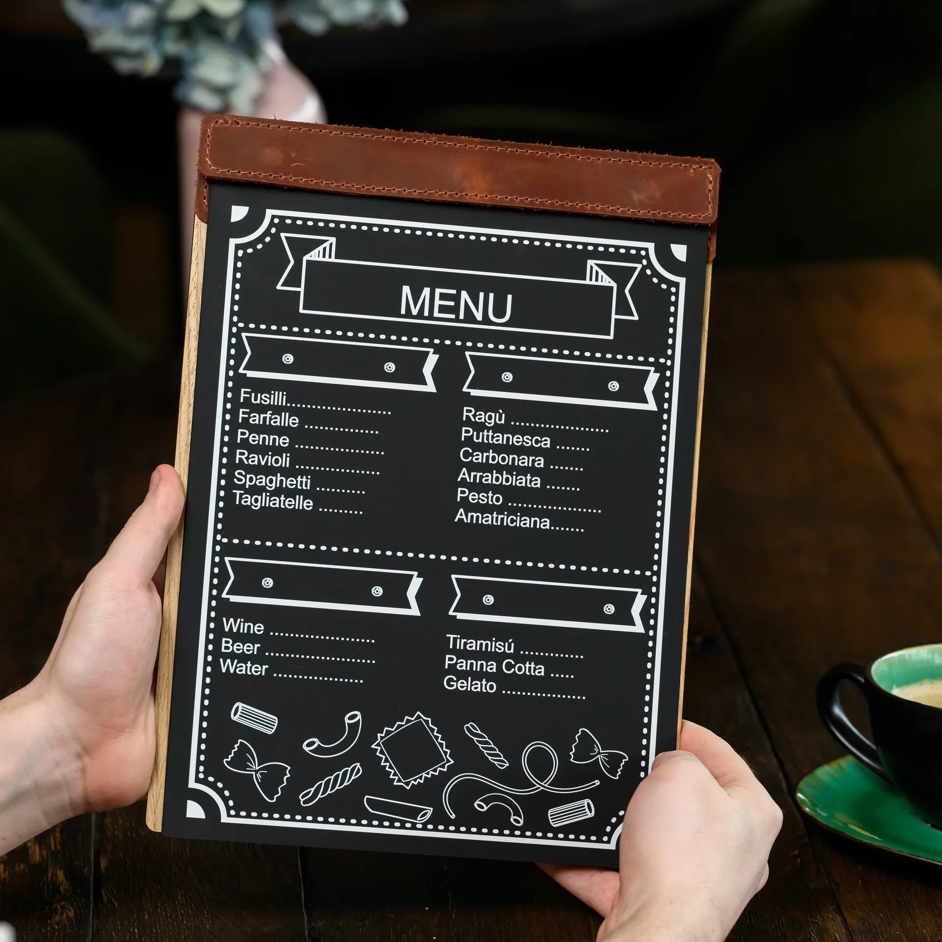 Personalized Menu Holder: Reflects your restaurant's branding with engraved logos.