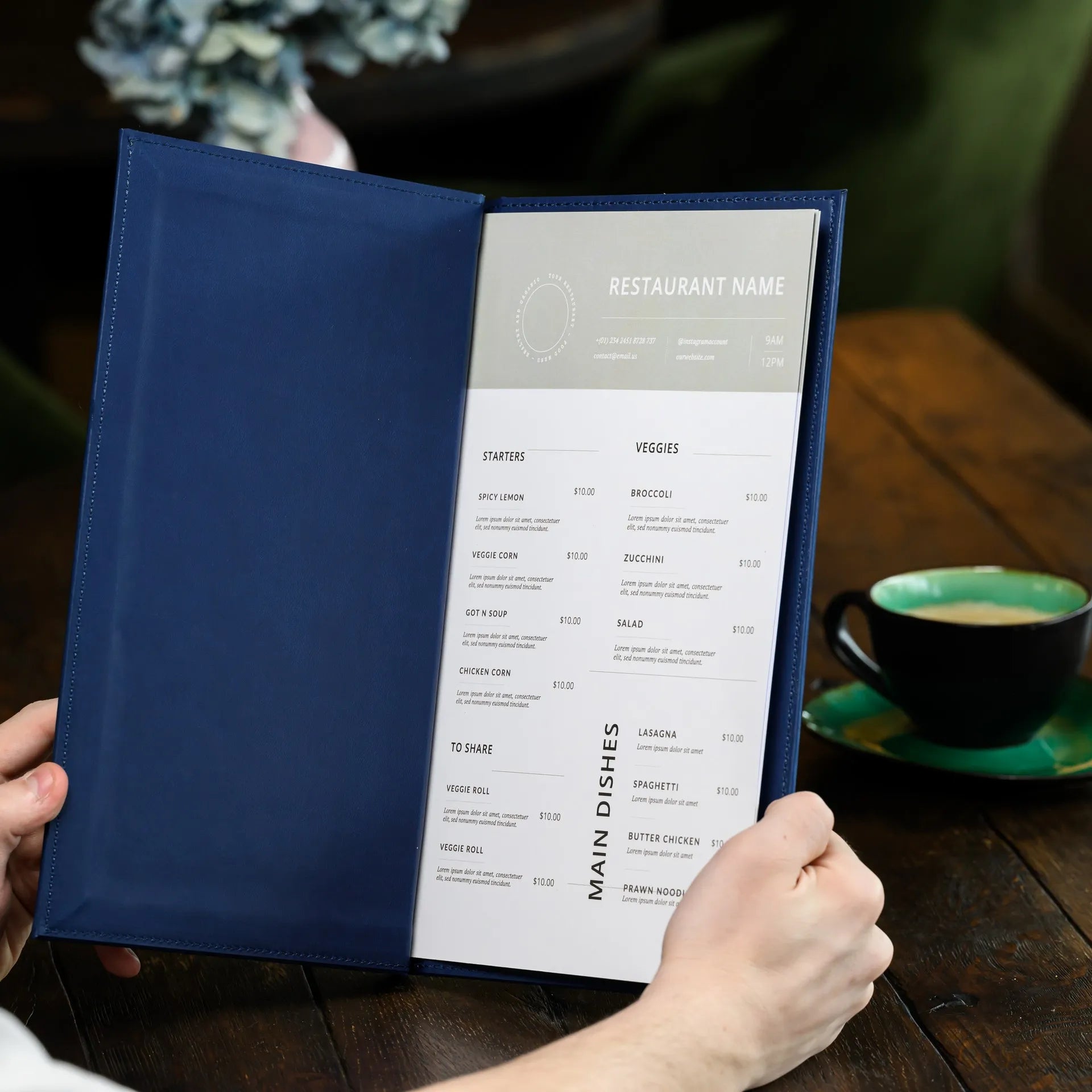Stylish Faux Leather Menu Cover with Logo Embossing, embodying elegance and professionalism, making a lasting impression on diners.