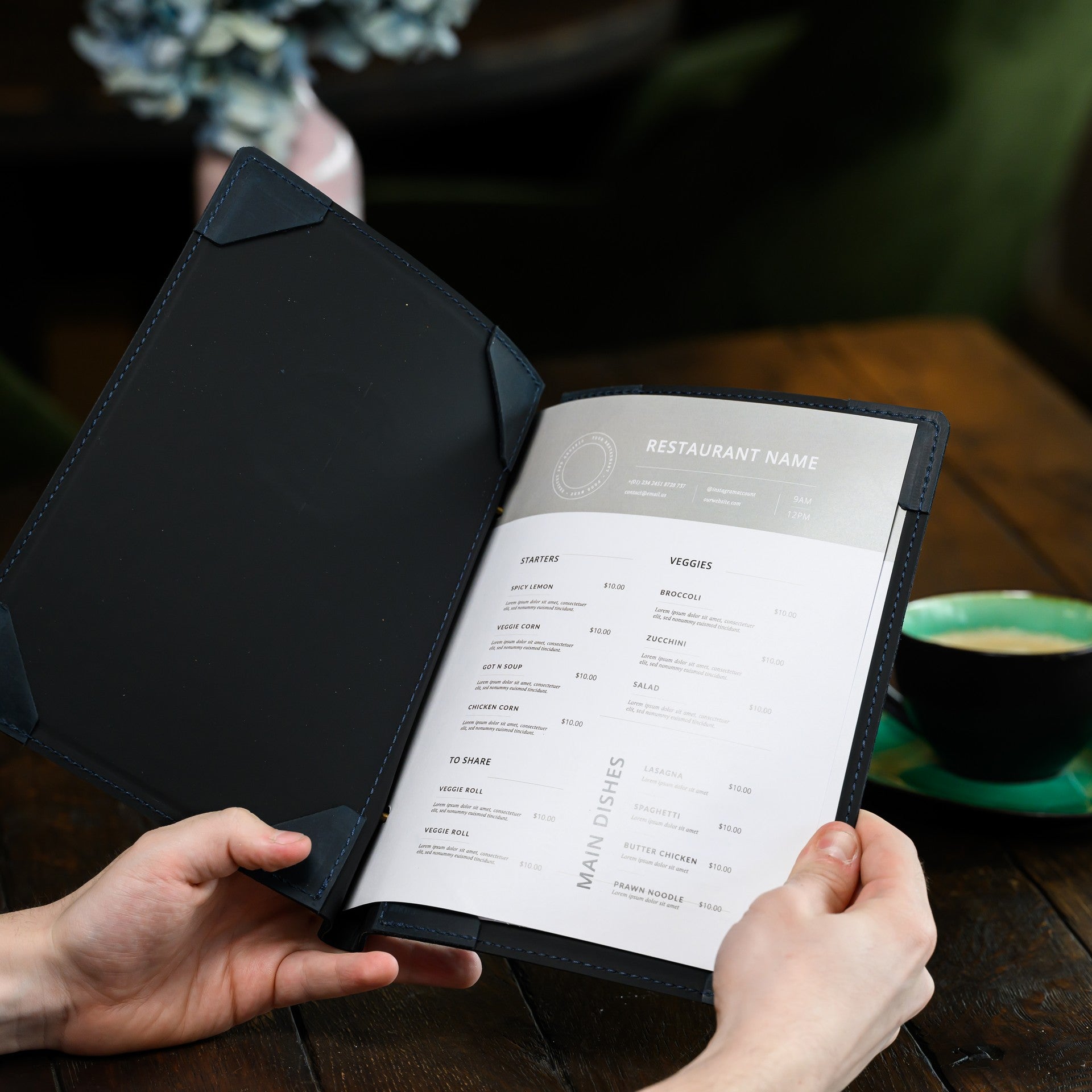 Showcase your beverages in style with our hard cover menu holder, designed with corner mounting for secure and refined presentation.