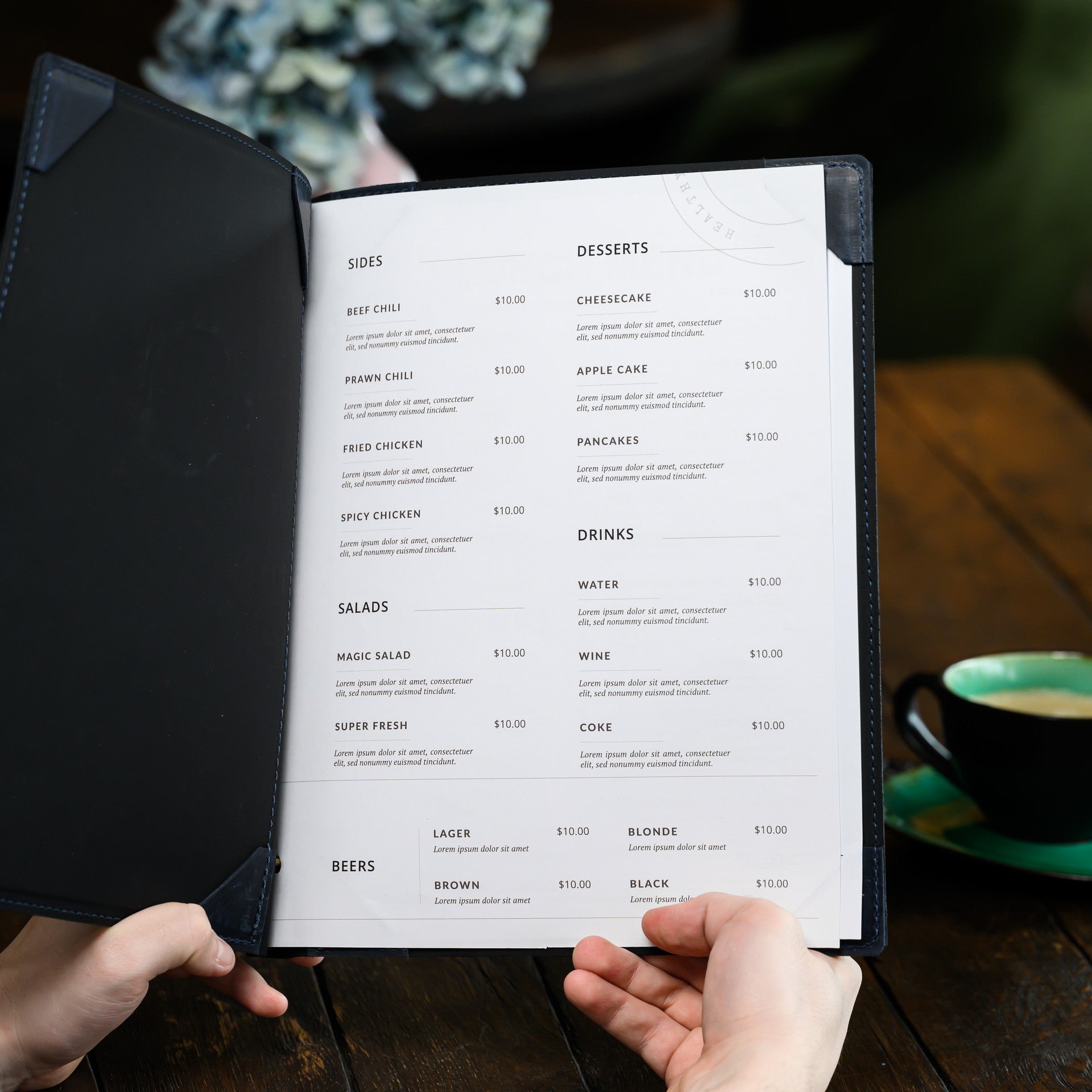 Showcase your offerings elegantly with our hard cover menu holder, complete with corner mounting for stability.