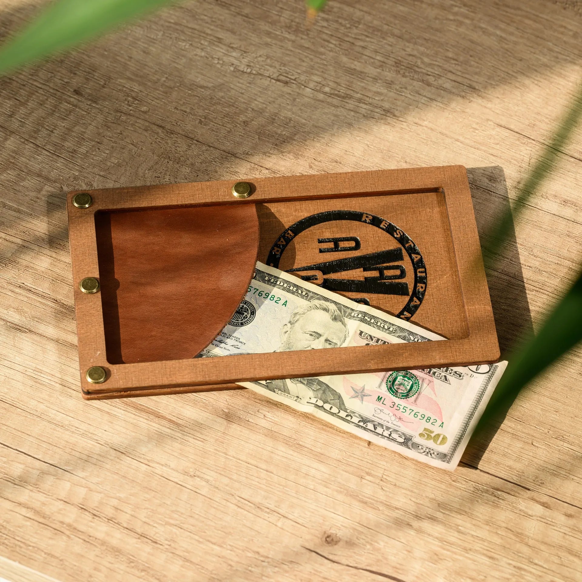 Plywood meal invoice presenter, perfect for organizing bills in a stylish manner.