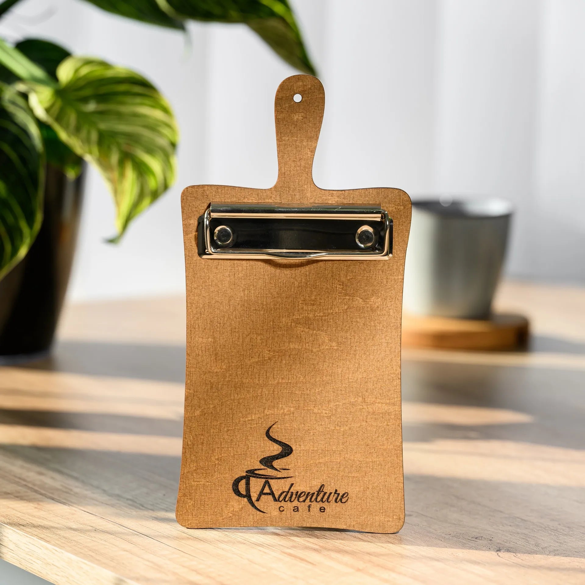 Wooden bill organizer with binder clip, perfect for restaurants; sleek design with logo engraving for a professional touch.