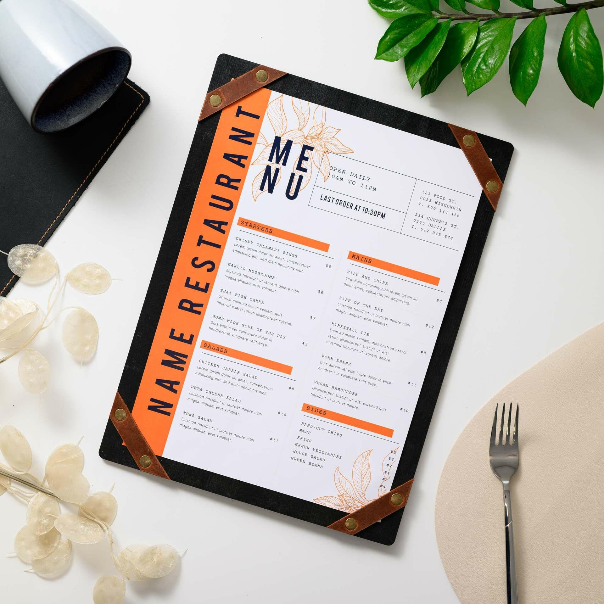 Engraved Menu Holder: Adds a personalized touch to your menu presentation.