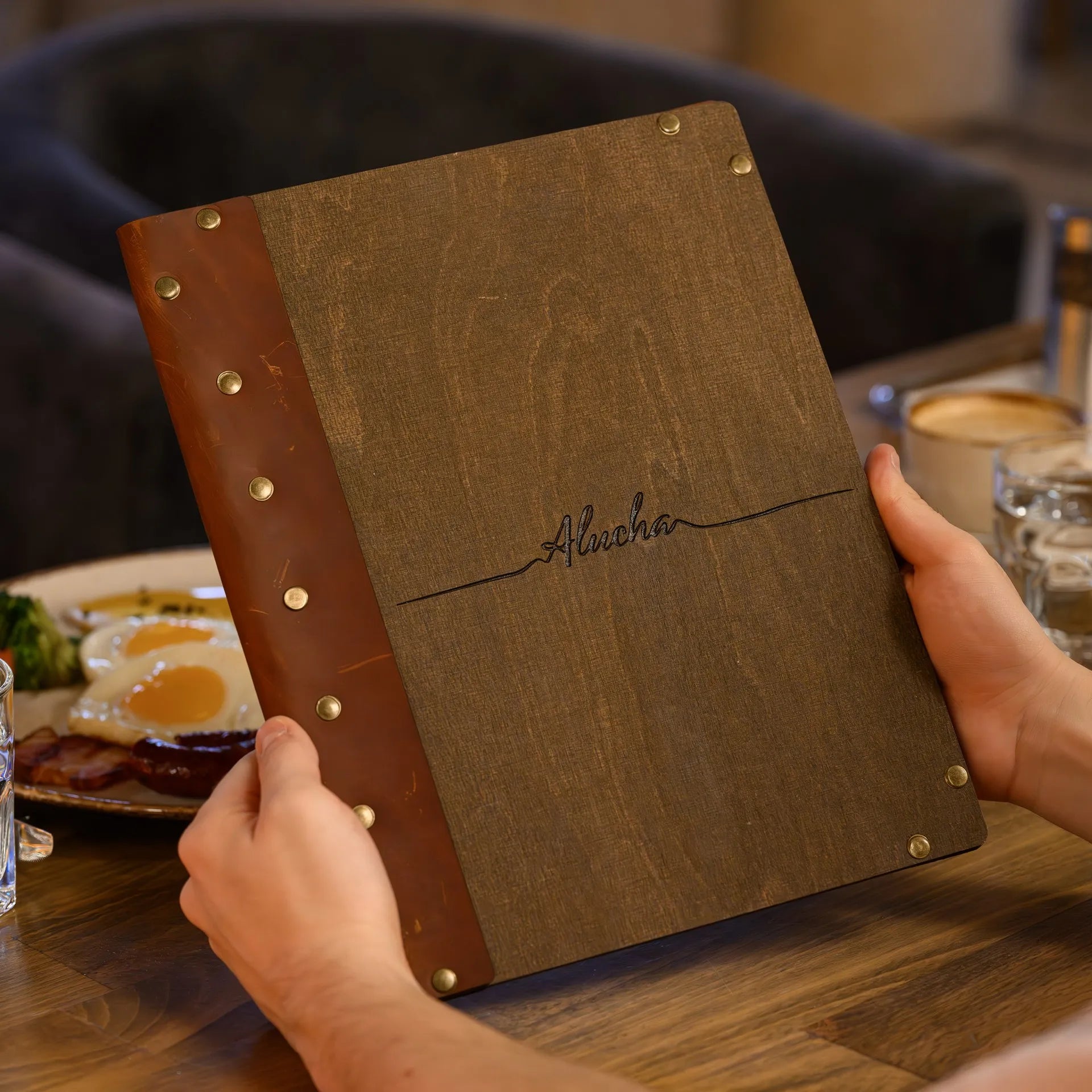 Wooden Menu Clipboard with Leather Spine (M06A2)