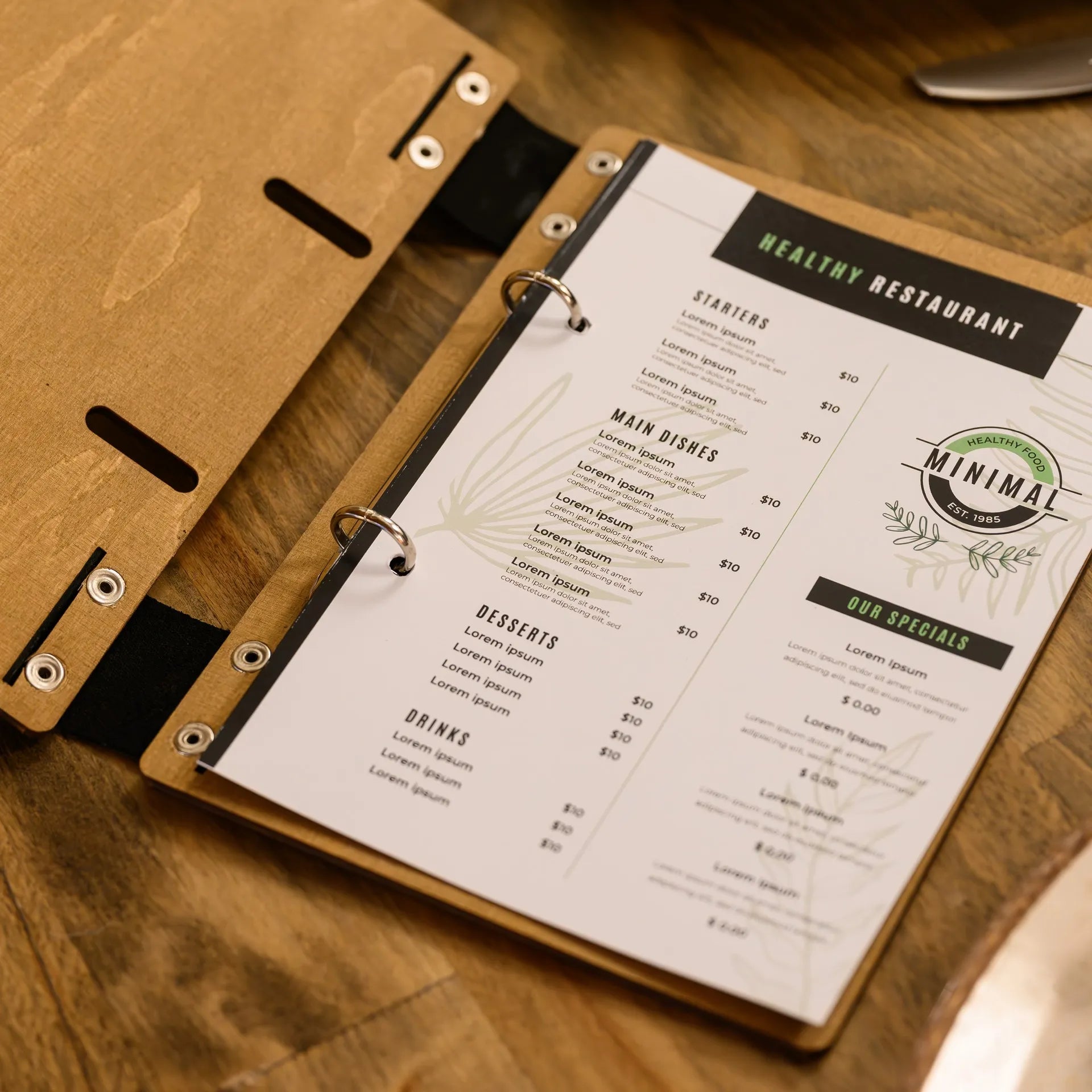 Wooden Menu Holder with Ring Binder Mechanism (M04A5)