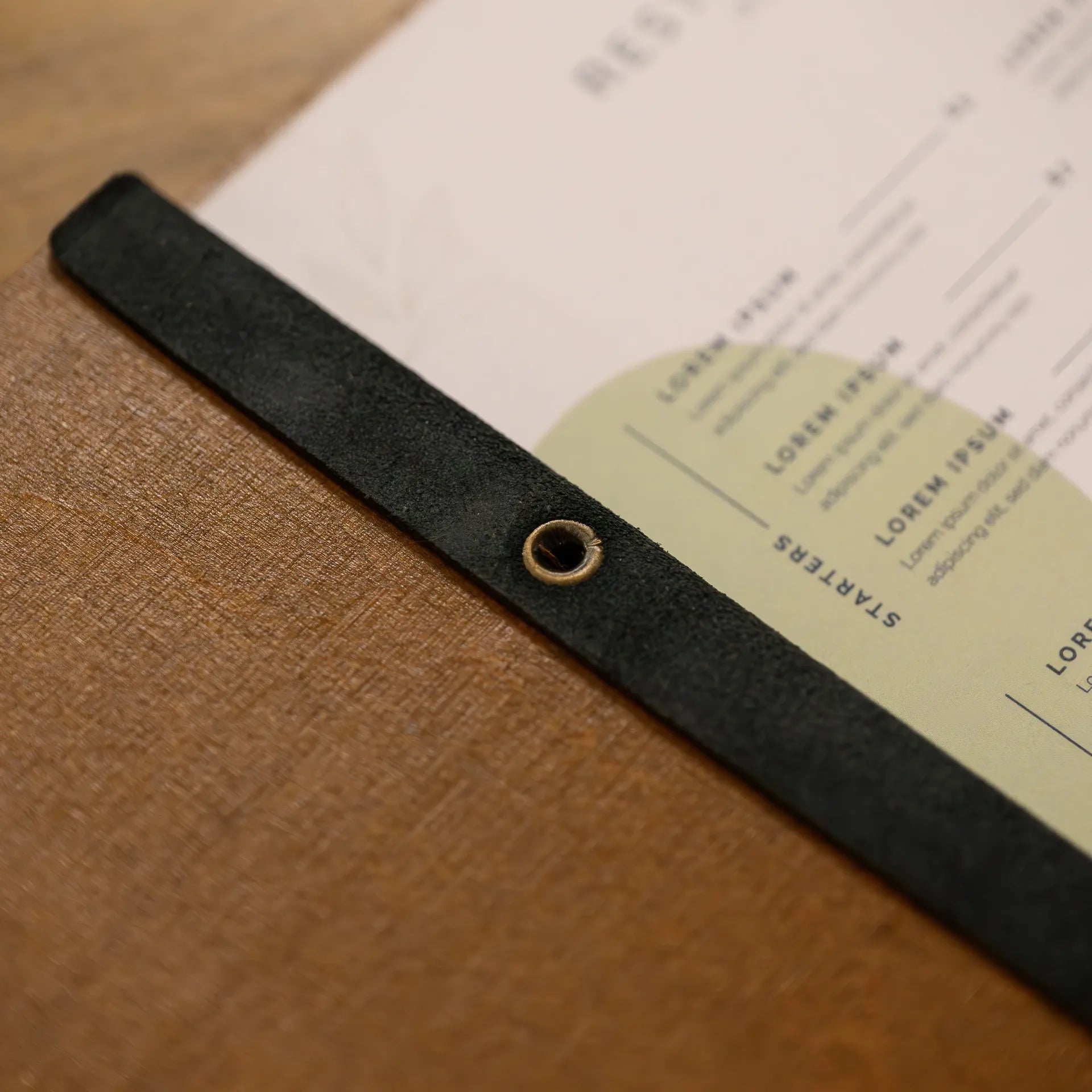 Wooden Menu Holder fastened on Leather Strap (M01A5)