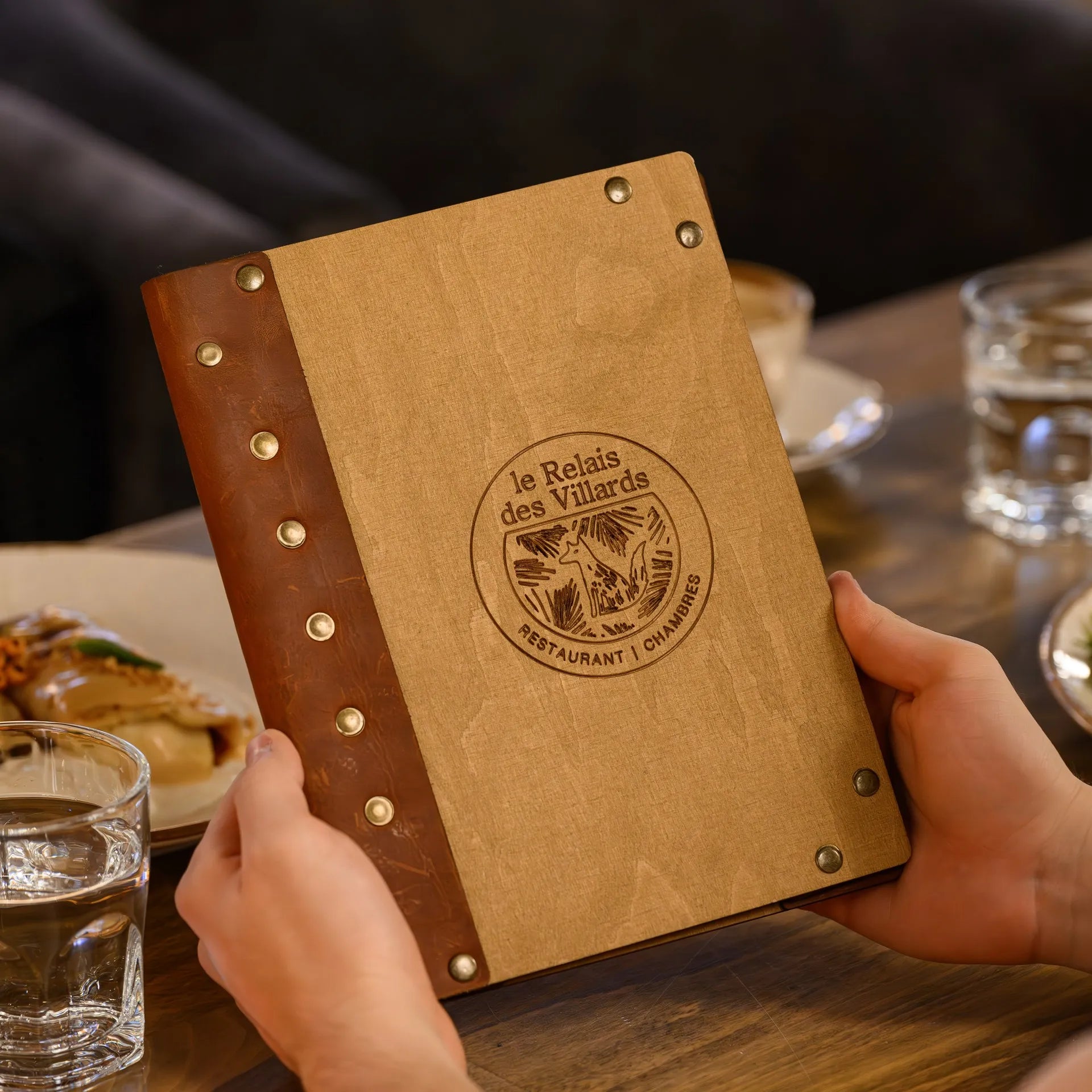 Wooden Menu Clipboard with Leather Spine (M06A5)