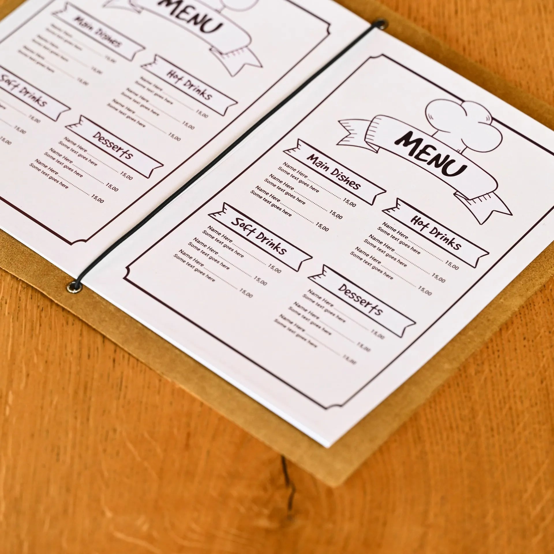 Customizable soft leather menu cover with an elastic band for sheet binding. Perfect for cafes and restaurants aiming for a stylish, personalized look.